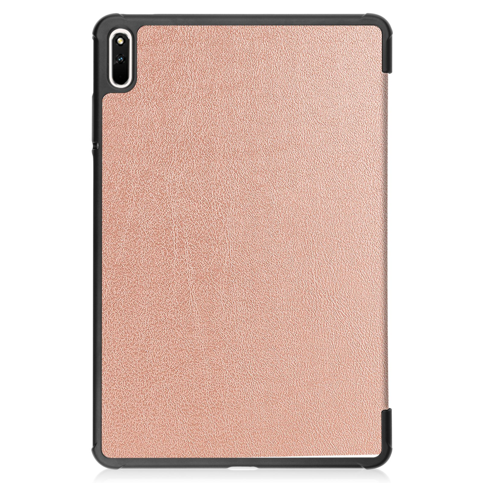 Ein Tablet mit rosa lederartiger Rückseite und schwarzem Rahmen, wird von hinten gezeigt.