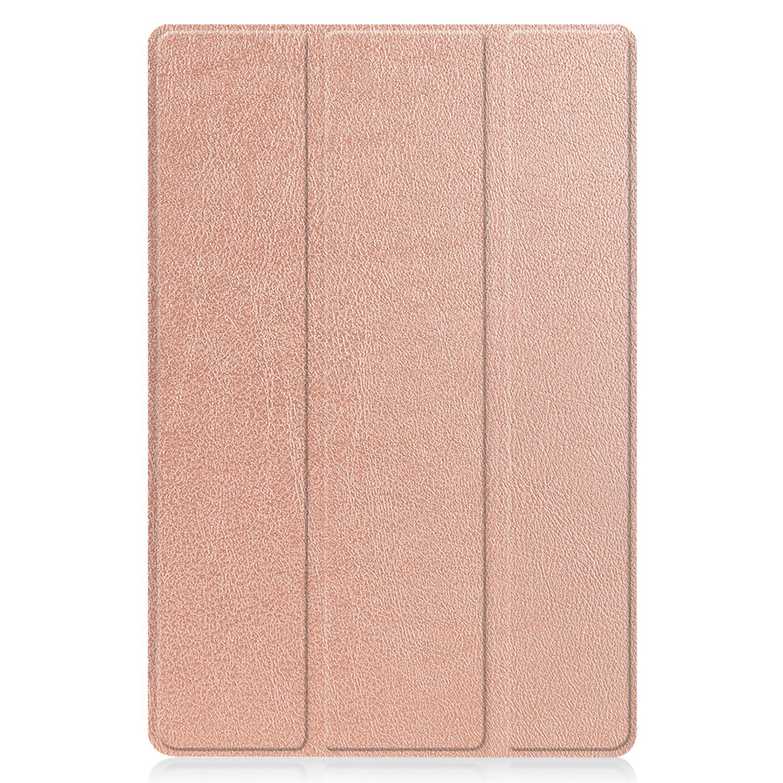 Pfirsichfarbene Tablet-Hülle, geschlossen, auf weißer Oberfläche.
