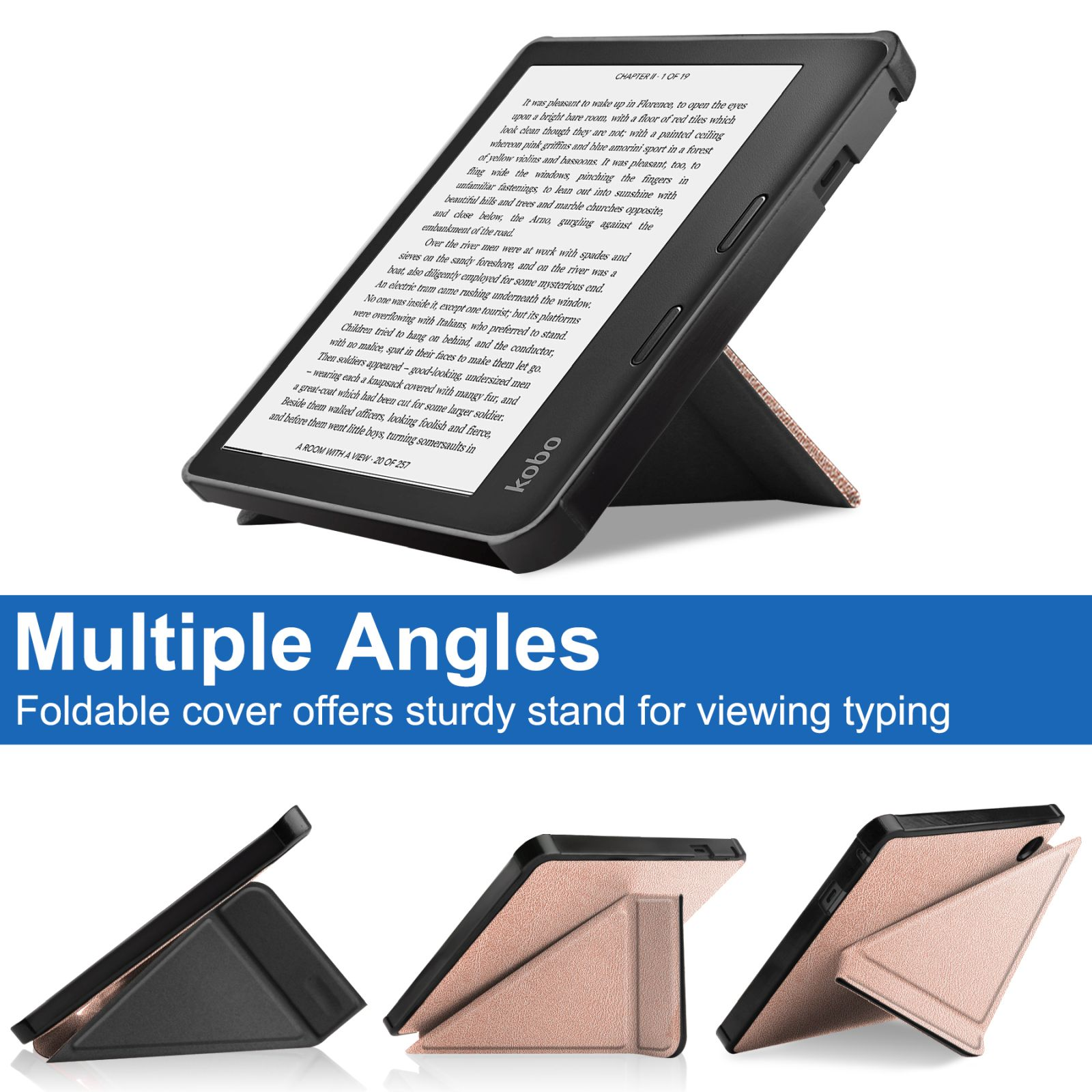 Ein Tablet in einer Hülle wird in mehreren Winkeln gezeigt, mit einem stabilen Ständer zum Betrachten und Tippen.