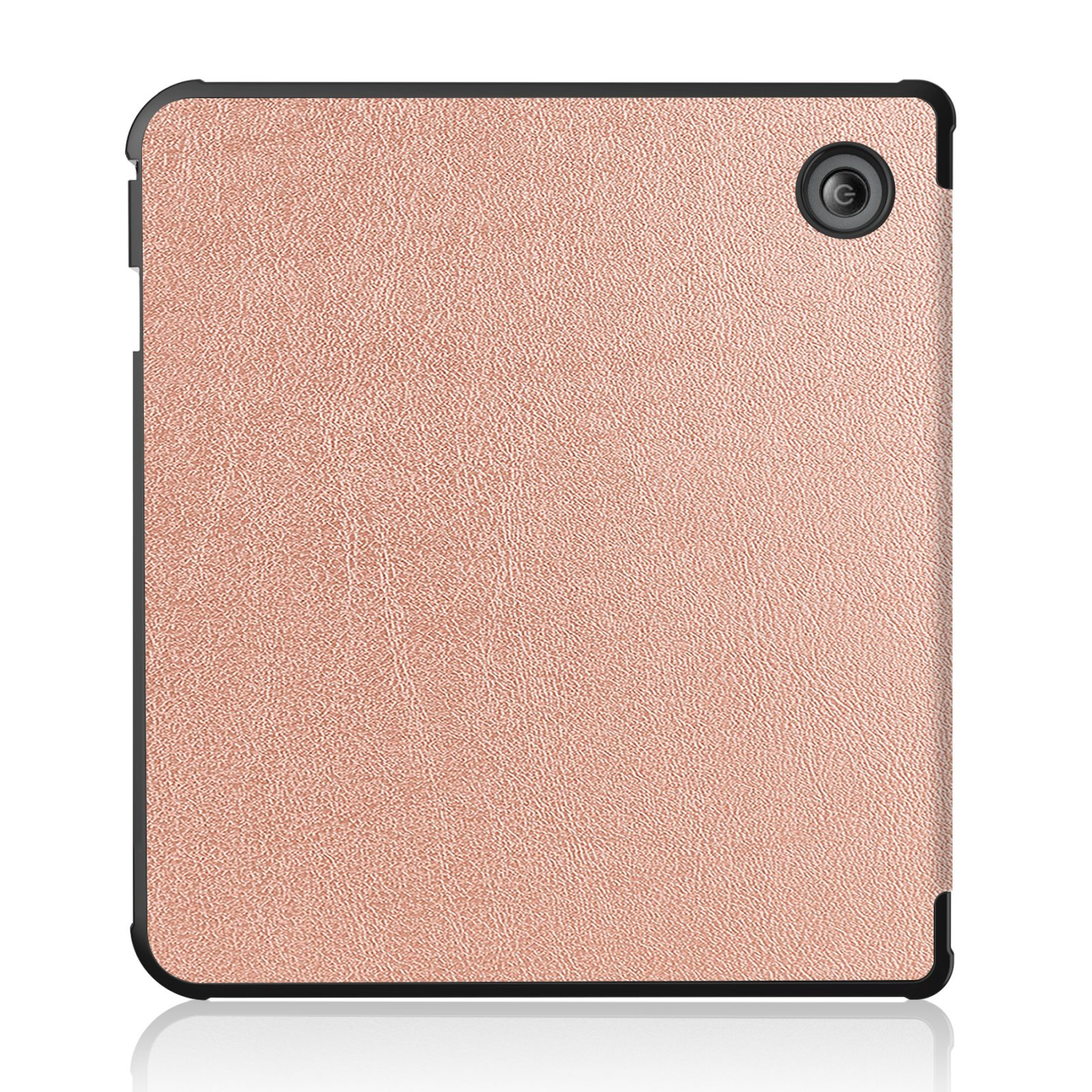 Tablet-Hülle geschlossen, roségoldfarben, schwarzer Rahmen, Kamera Loch in der oberen rechten Ecke.
