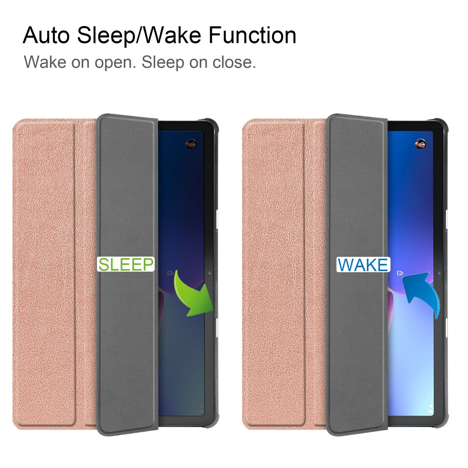 Zwei Tablet-Hüllen. Eine geschlossen, eine offen. Die Displays zeigen 'Sleep' und 'Wake' mit Pfeilindikatoren für Öffnen/Schließen.