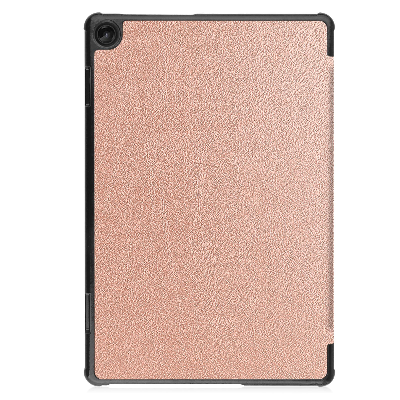 Roségoldene Tablethülle. Die Rückseite des Tablets wird in einer Nahaufnahme gezeigt.