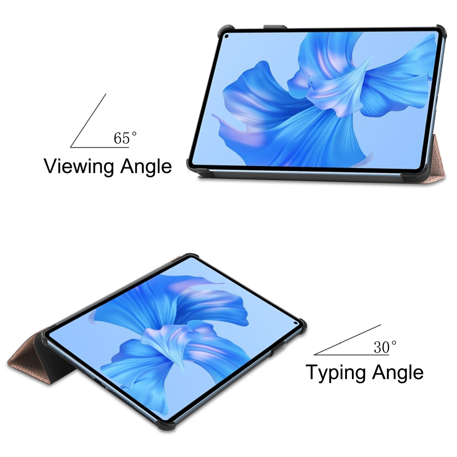 Tablet mit Hülle, Betrachtungswinkel 65 Grad, Tippwinkel 30 Grad. Braunes Gehäuse, blaues Display.