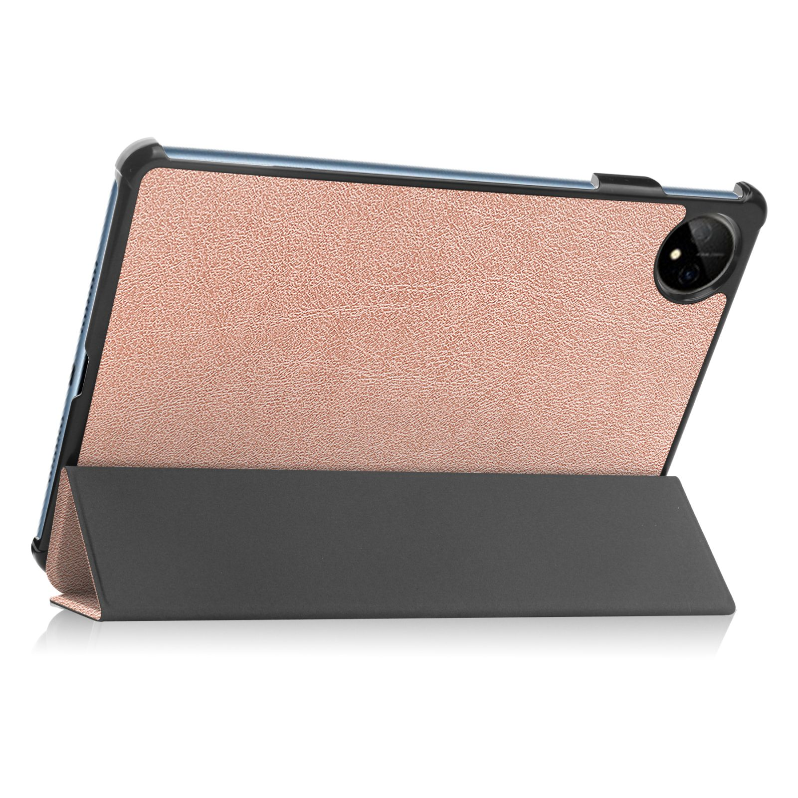 Tablet in Hülle, zeigt Rückseite und Seite, roségold texturiert, mit Klappständer auf weißem Hintergrund.