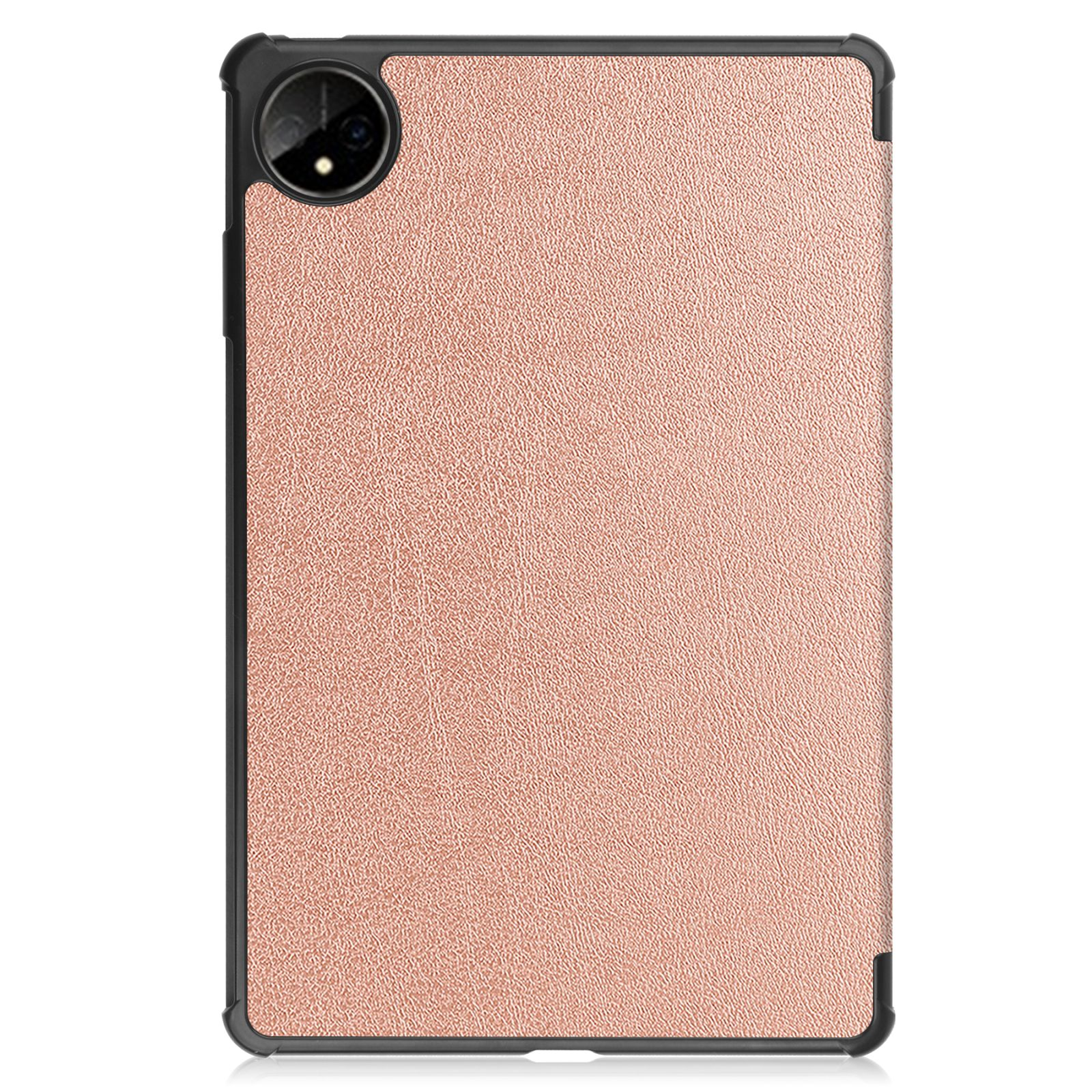 Roségoldene Tablethülle. Die Hülle hat eine einfarbige, strukturierte, roségoldene Farbe mit schwarzem Rand.