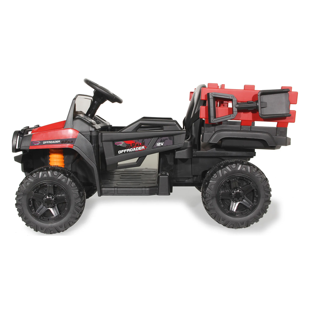 Rotes und schwarzes Offroad-Spielzeugauto. Es hat große Räder und einen Heckstauraum.