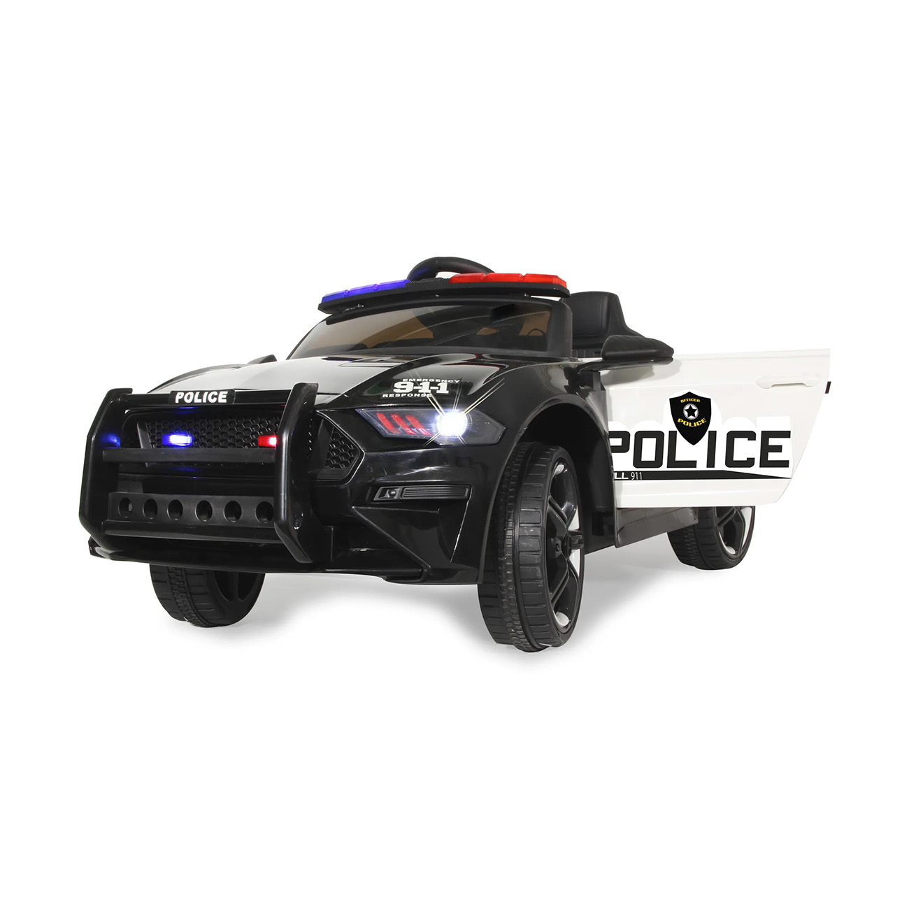 Ein Spielzeug-Polizeiauto mit eingeschalteten Lichtern und offener Tür. Schwarz und weiß mit POLIZEI.