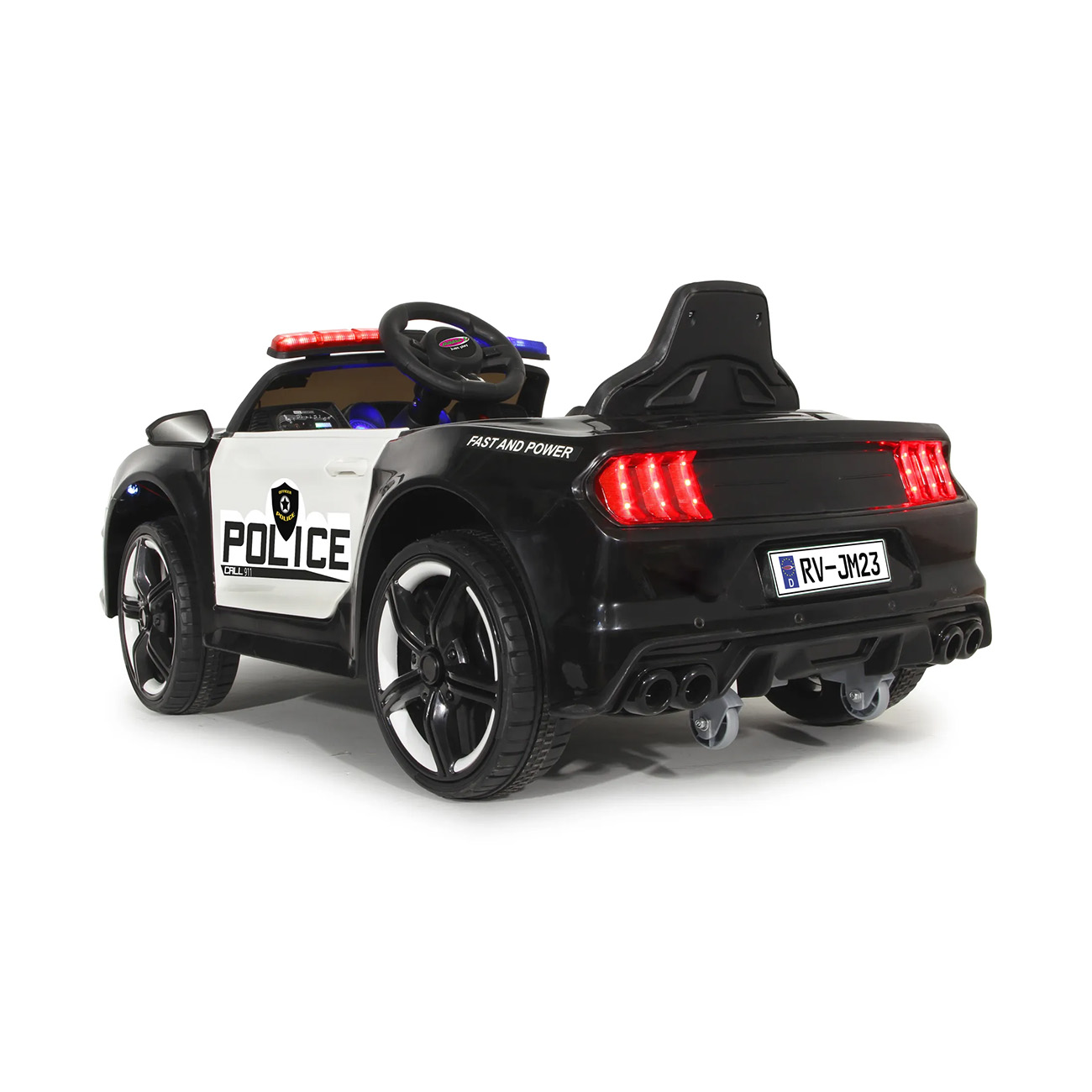 Schwarzes und weißes Polizeiauto-Spielzeug auf weißer Oberfläche. Es hat rote und blaue Lichter.