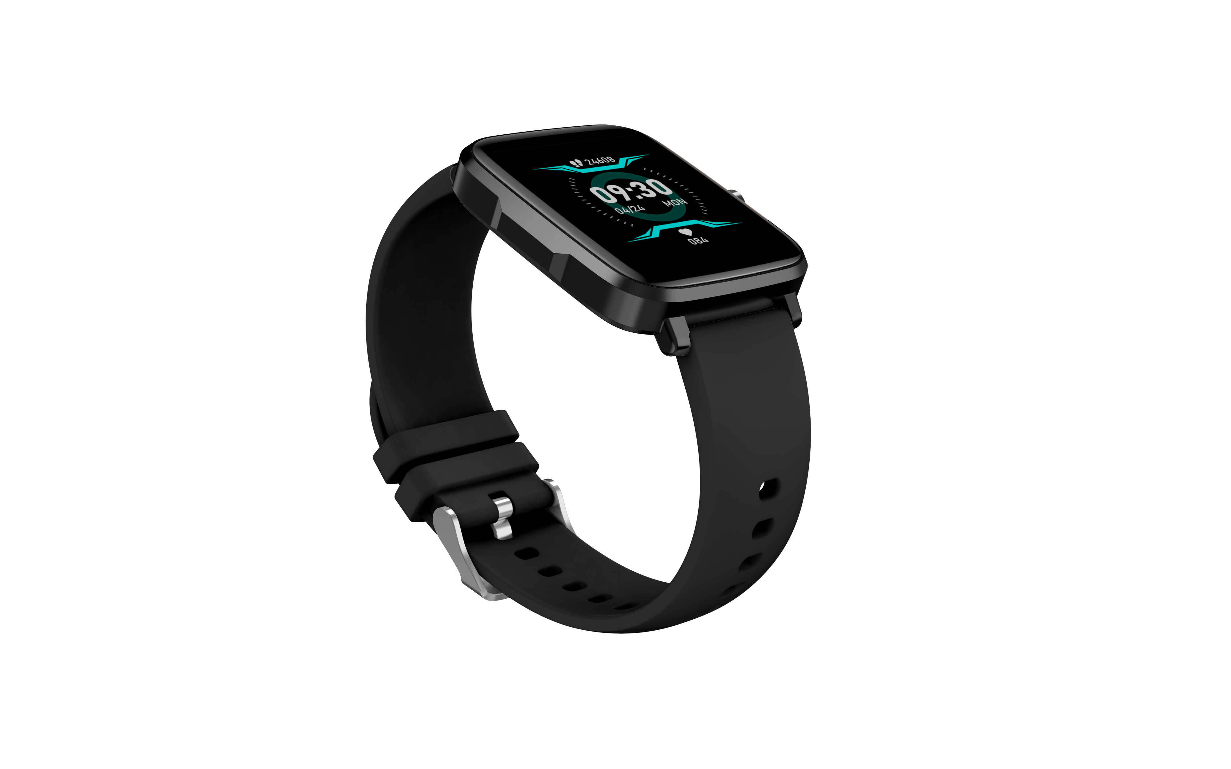 Czarny smartwatch z czarnym paskiem. Ekran pokazuje czas i wskaźniki.