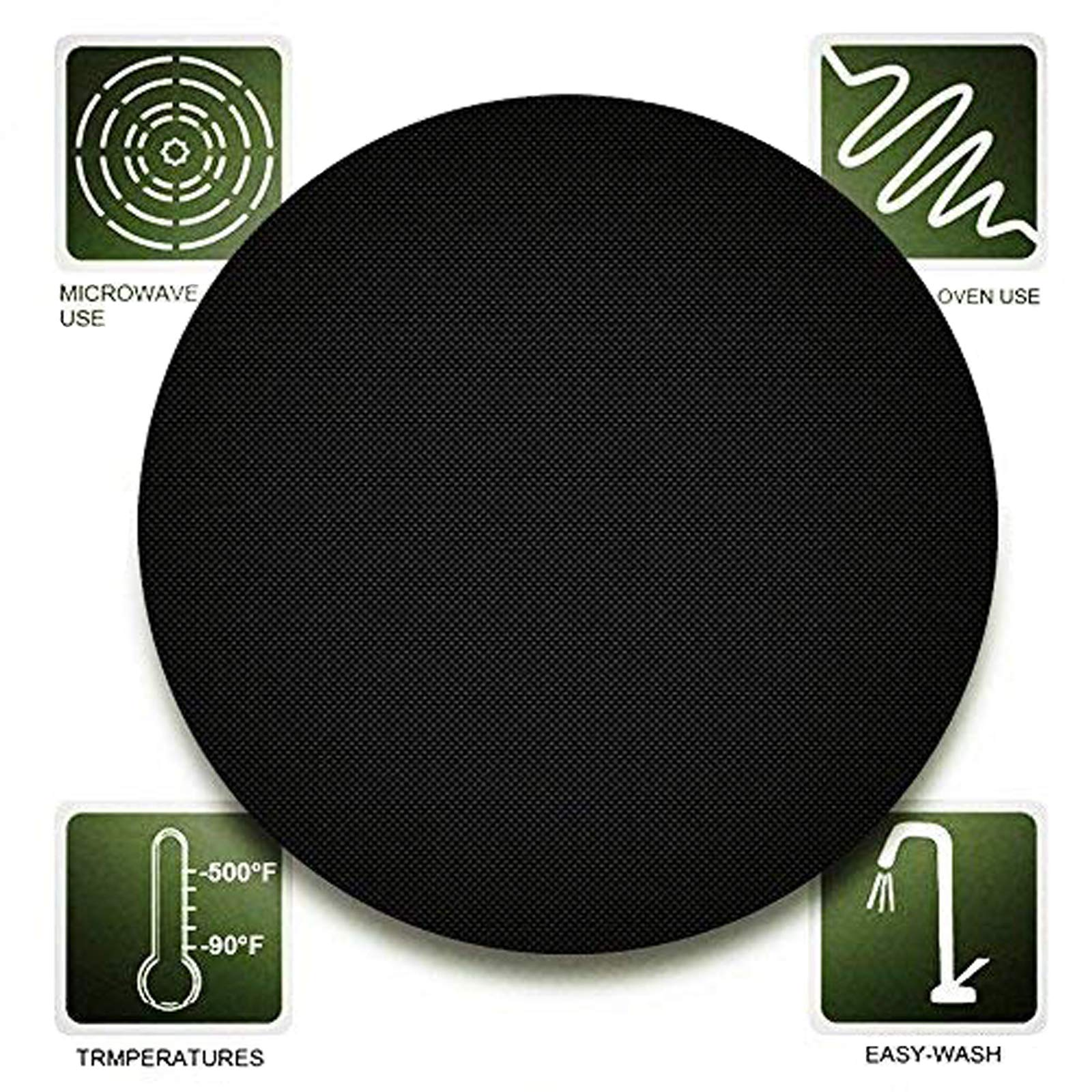 Schwarze runde Matte mit Symbolen für Mikrowelle, Backofen, Temperaturbereich und einfache Reinigung.