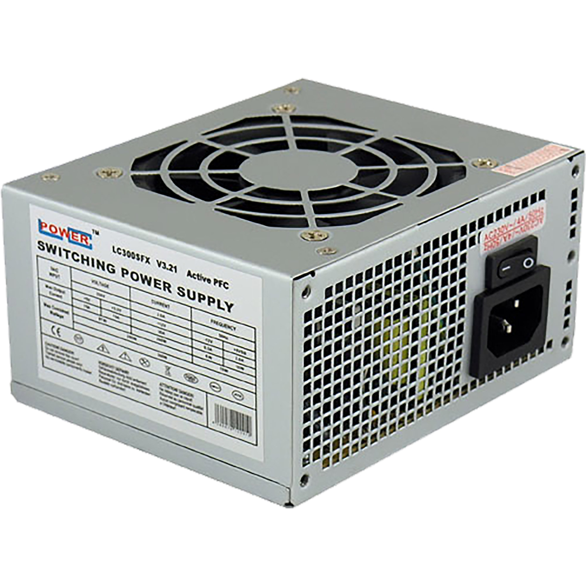 Bloc d'alimentation gris avec plusieurs connecteurs et un ventilateur, vue en angle.