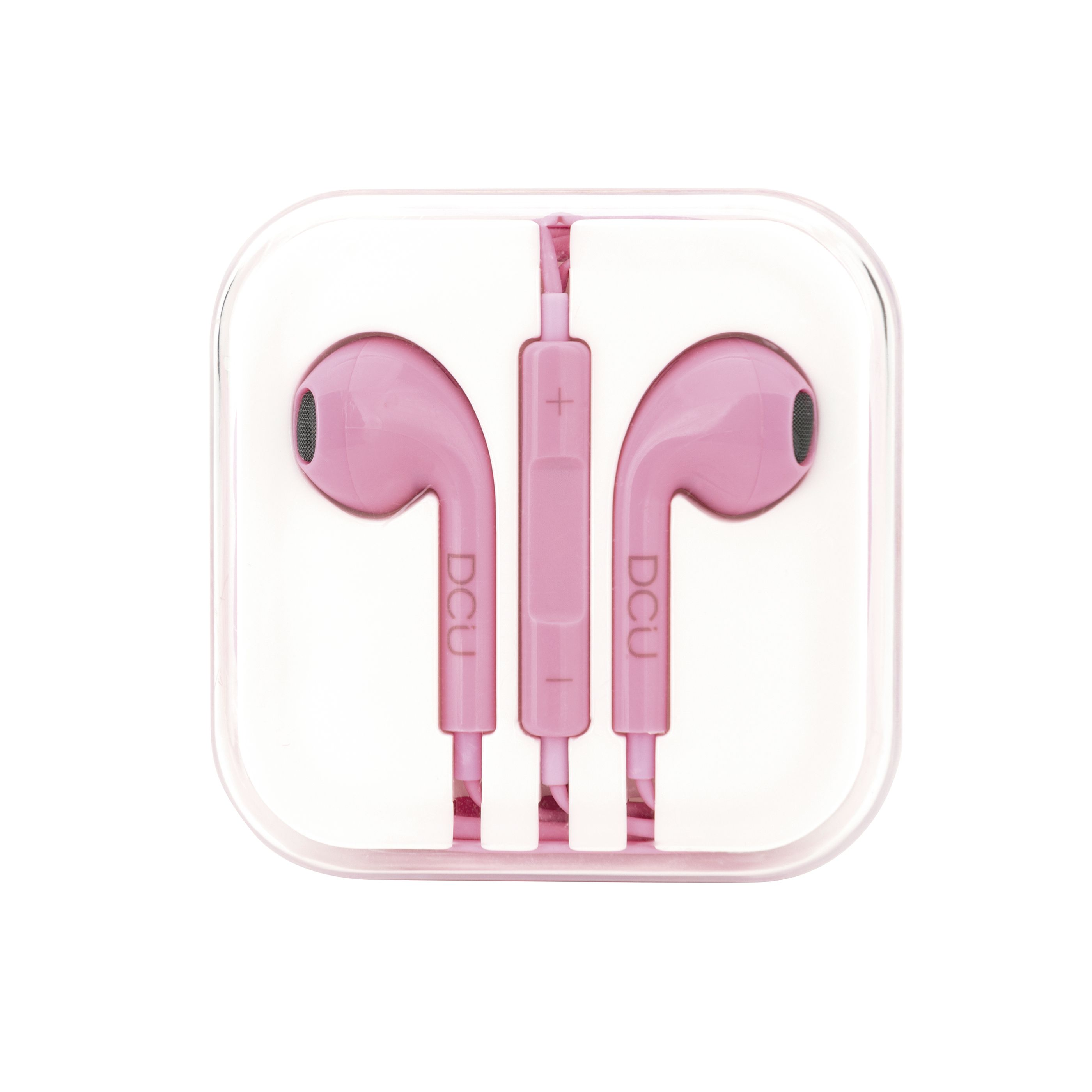 Auriculares rosas dentro de una caja de plástico transparente, con el nombre de la marca "DCU" impreso en cada auricular.