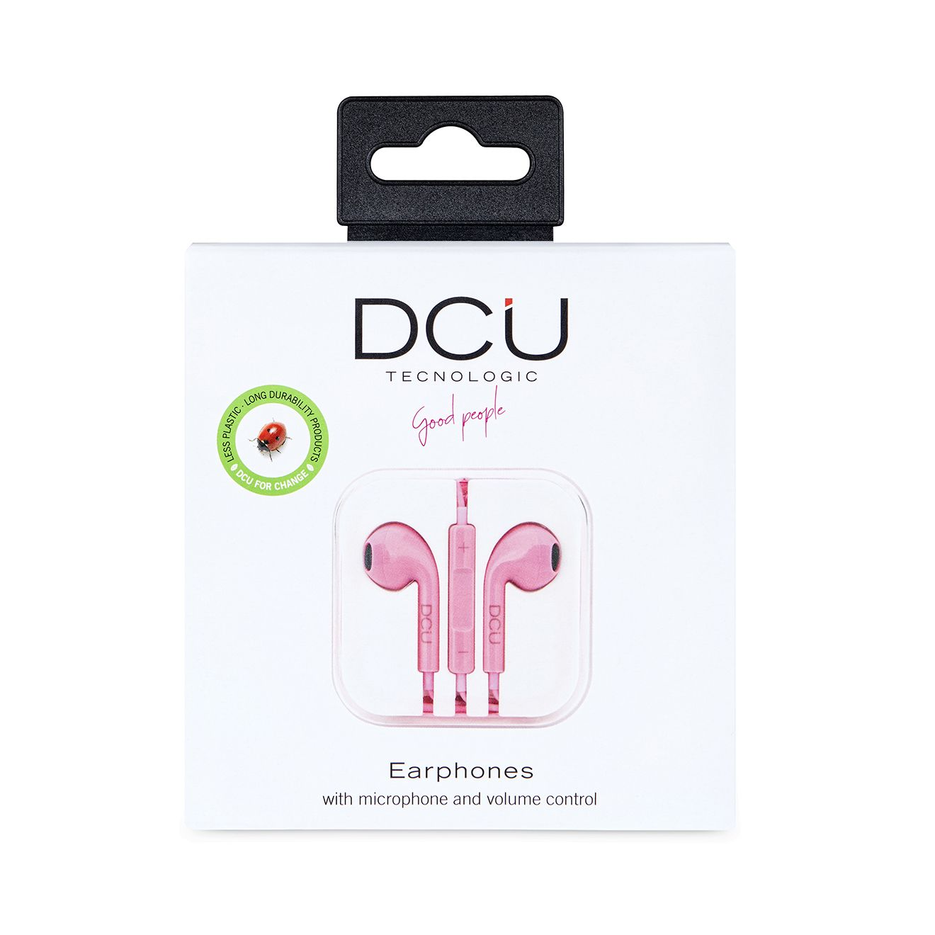 Auriculares rosas en una caja blanca. La caja tiene la marca "DCU" y un gráfico de mariquita.
