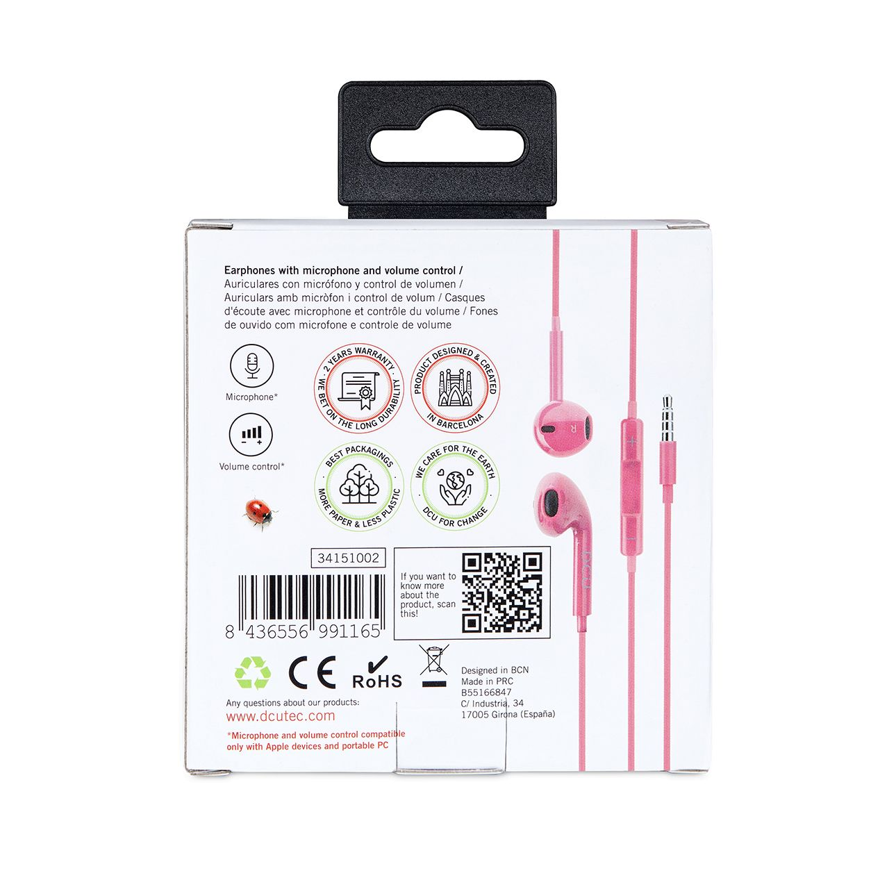 Caja de embalaje de auriculares. Auriculares rosas con micrófono y control de volumen. Texto y logos.