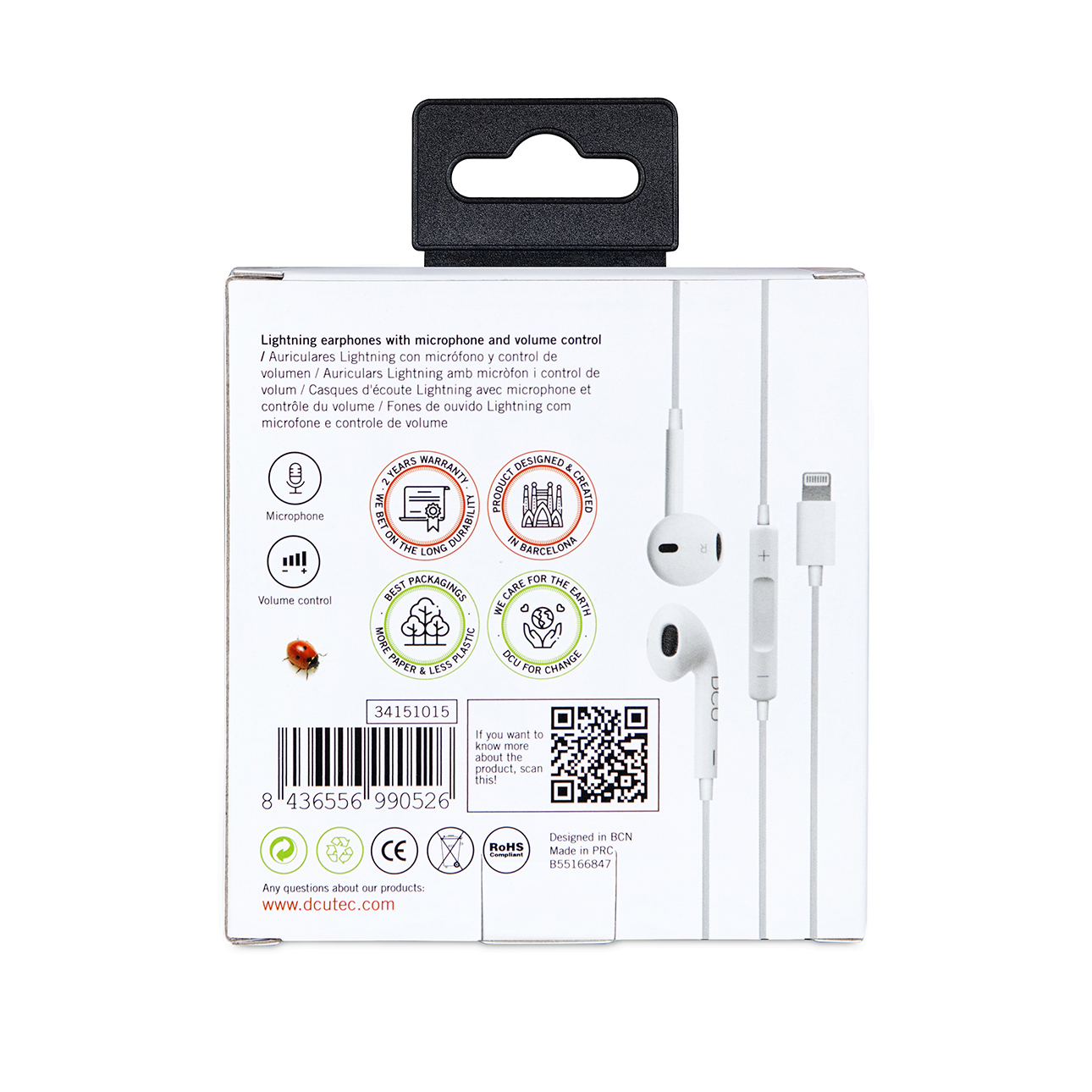 Pudełko słuchawek z mikrofonem, regulacją głośności i złączem Lightning.