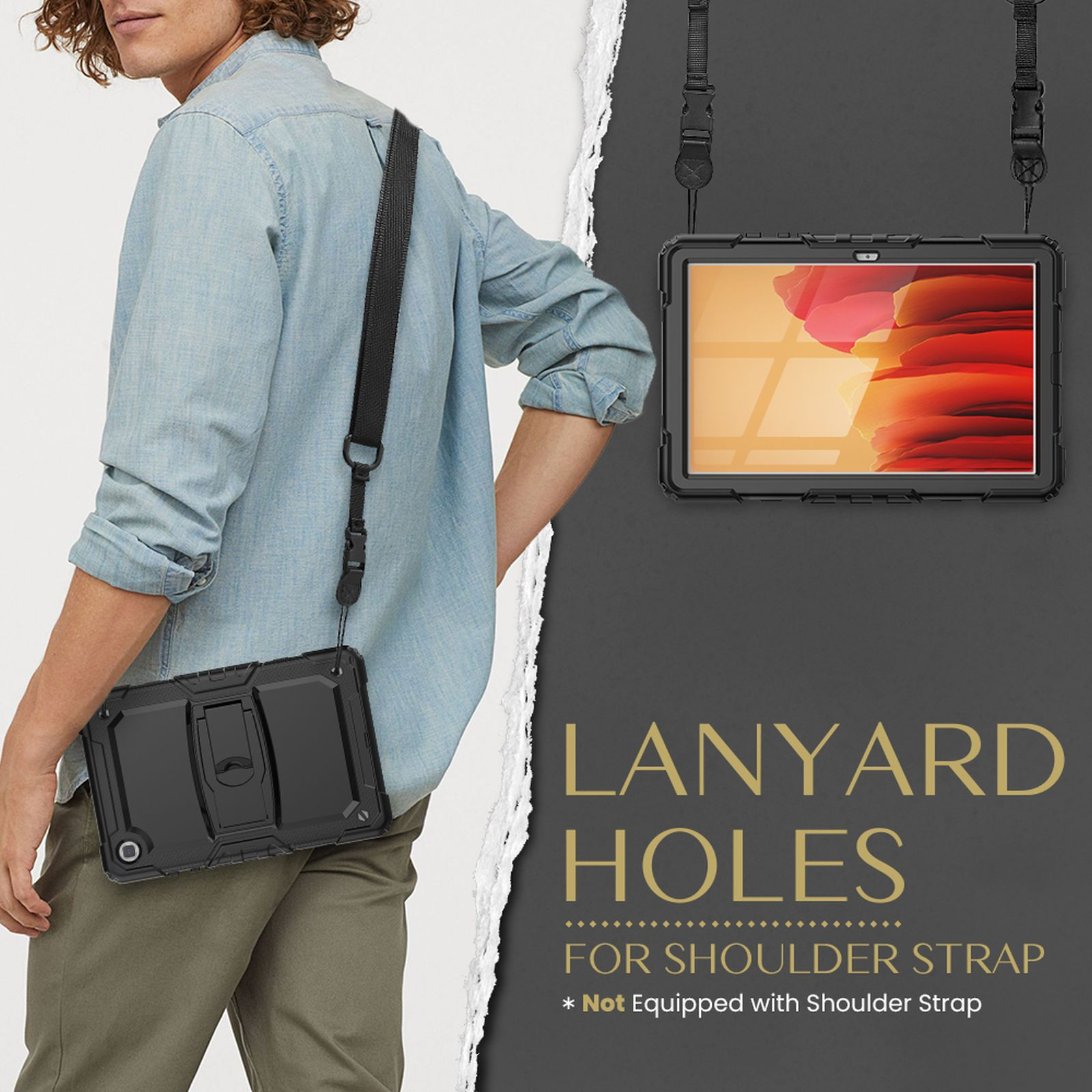 Mann mit Tablet in schwarzer Hülle mit Schulterriemen, Text: Lanyard Holes for Shoulder Strap.