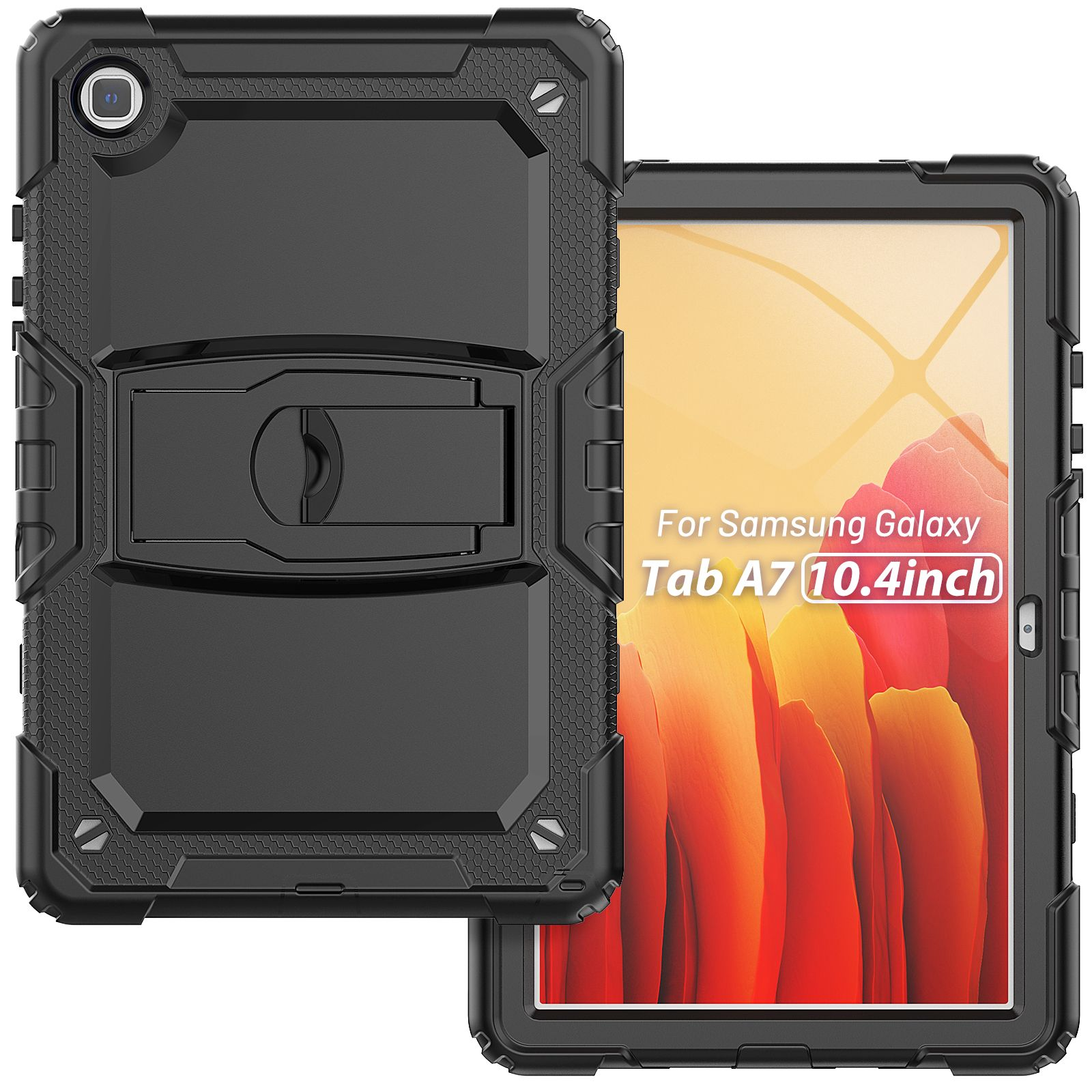 Schwarze Tablethülle mit Ständer und robustem Design. Die Hülle ist offen mit Tablet.