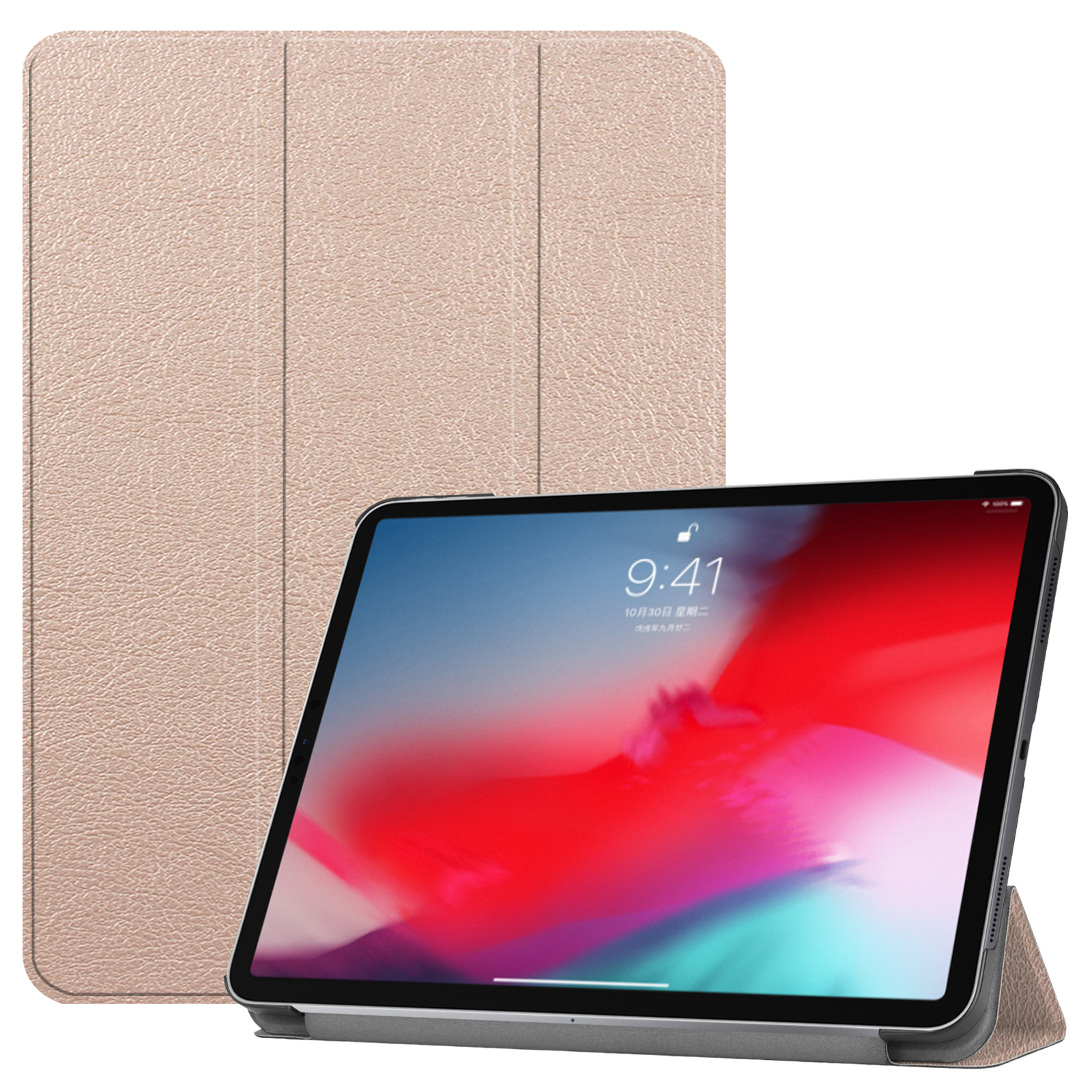 Tablet in einem rosa Gehäuse, das Datum und Uhrzeit auf dem Bildschirm anzeigt.