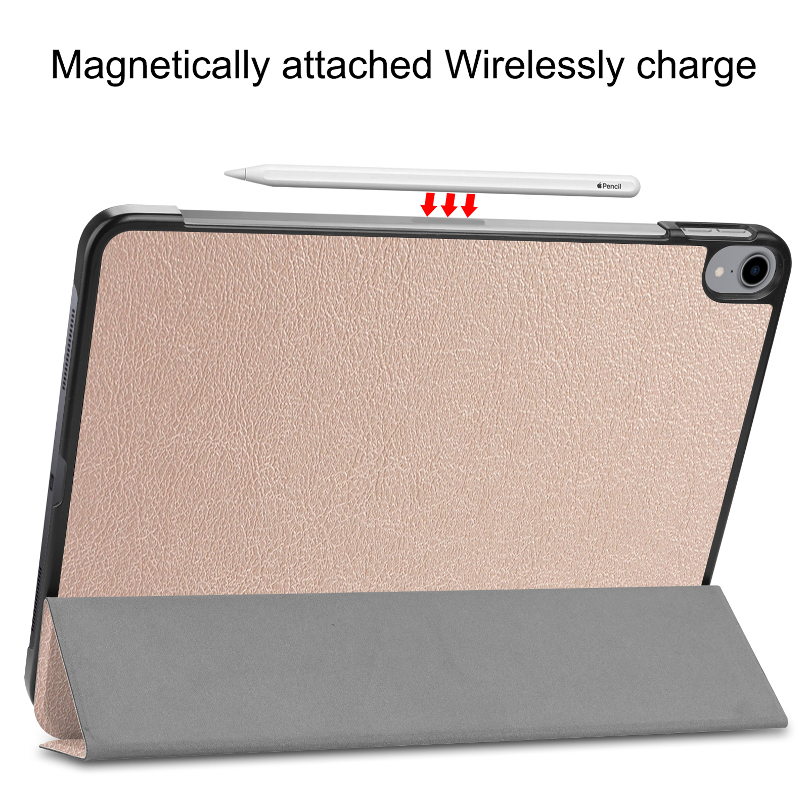 Tablet mit befestigtem Stift, zeigt eine rosa lederähnliche Hülle und eine magnetische Ladefunktion.