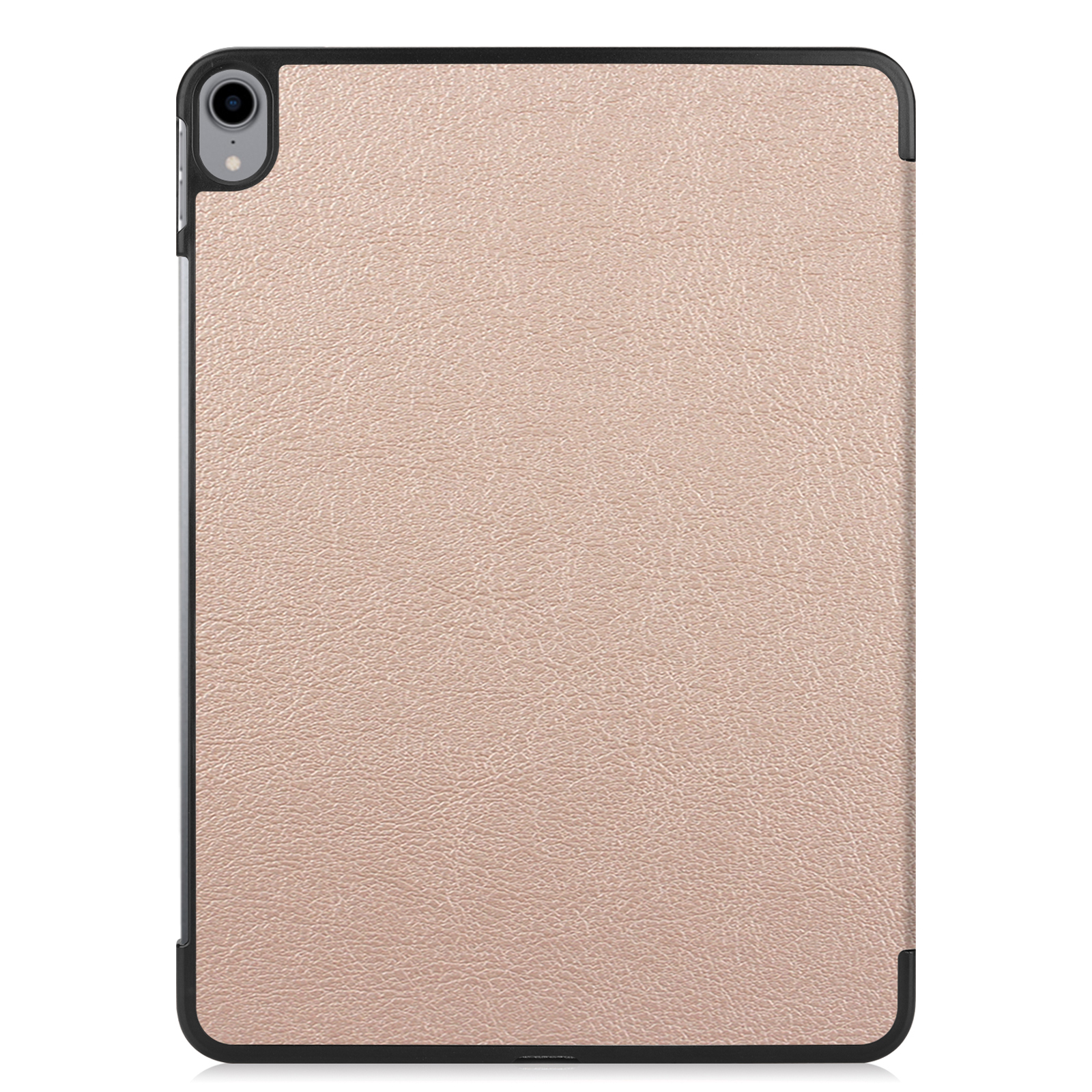 Tablet-Hülle: roségoldfarbene strukturierte Rückseite, schwarzer Rahmen, mit schwarzem Kameraausschnitt.