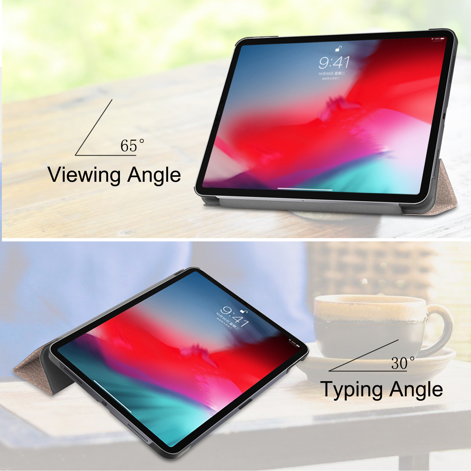 Tablet auf einem Tisch, zeigt Betrachtungs- und Tippwinkel mit Text. Einer ist bei 65°, der andere bei 30°.
