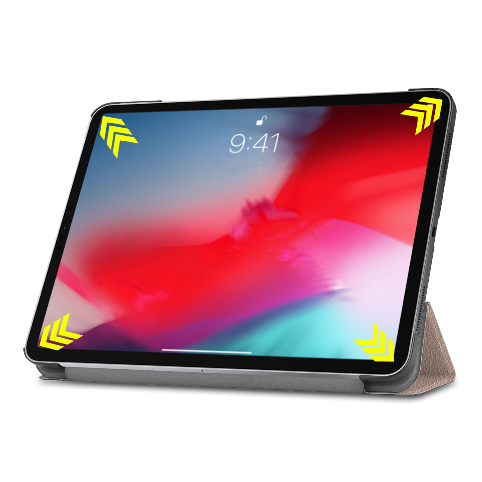 Tablet mit Hülle, Bildschirm an, angewinkelt mit gelben Pfeilen an den Ecken.