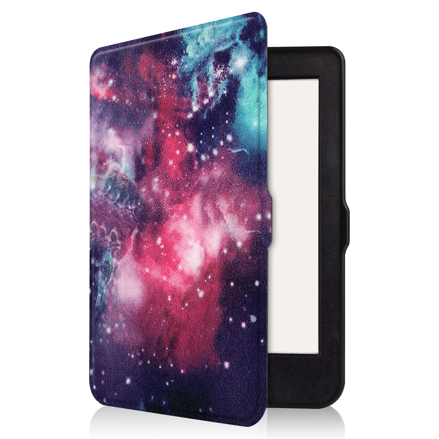 Ein E-Reader in einer Hülle mit Galaxiemuster. Der E-Reader ist geöffnet, der weiße Bildschirm sichtbar.