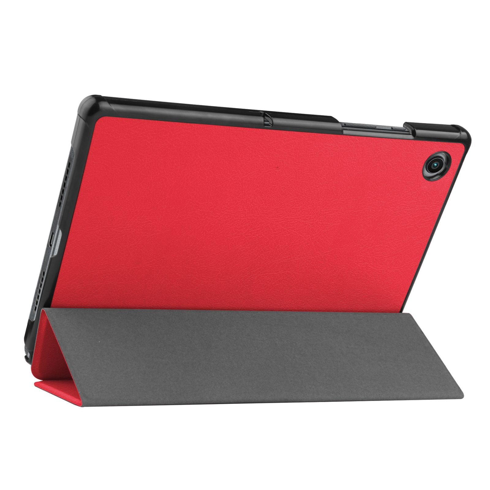 Tablet-Hülle, roter Rücken, schwarzer Rahmen, grauer Ständer. Eins mit sichtbarer Kamera.