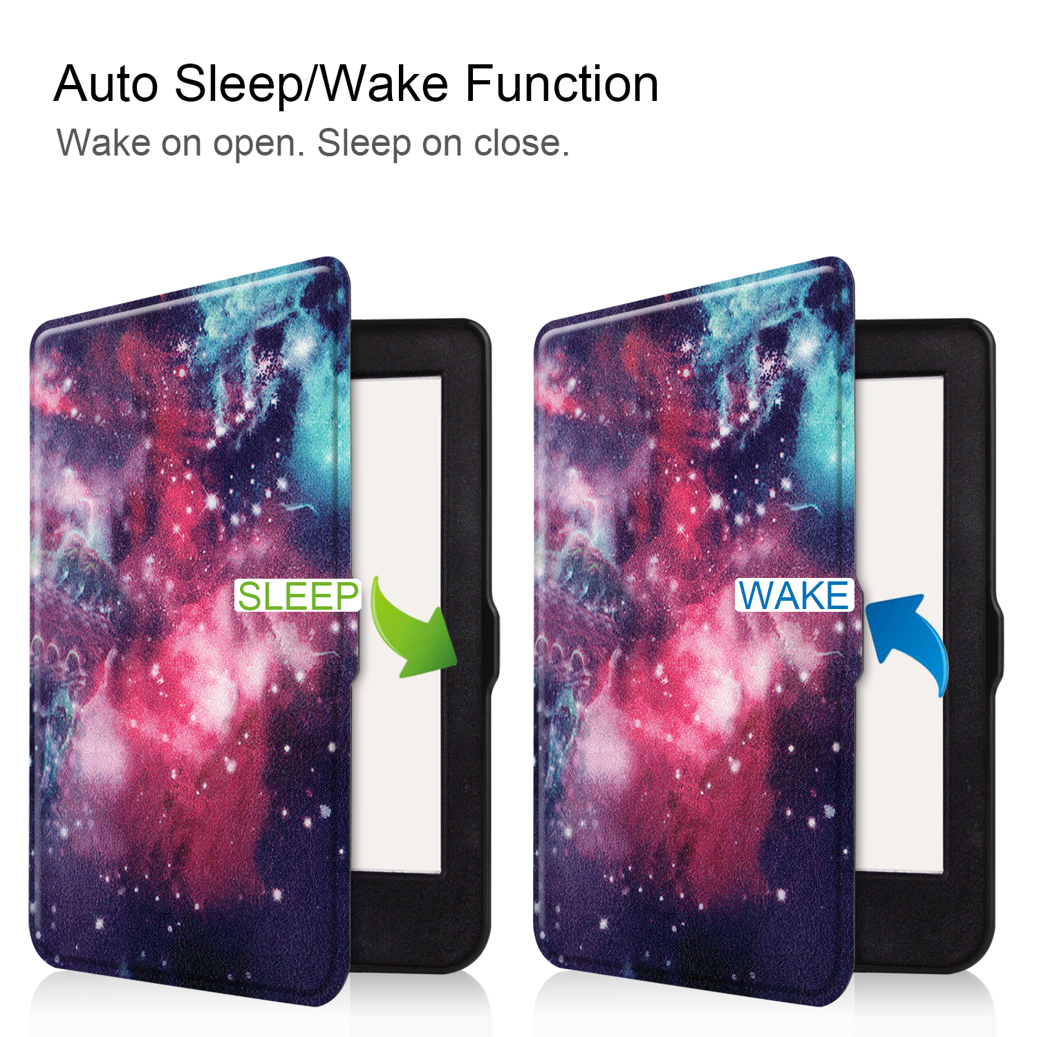 E-Reader mit Galaxie-Design-Hülle, zeigt 'Sleep' und 'Wake' Zustände.