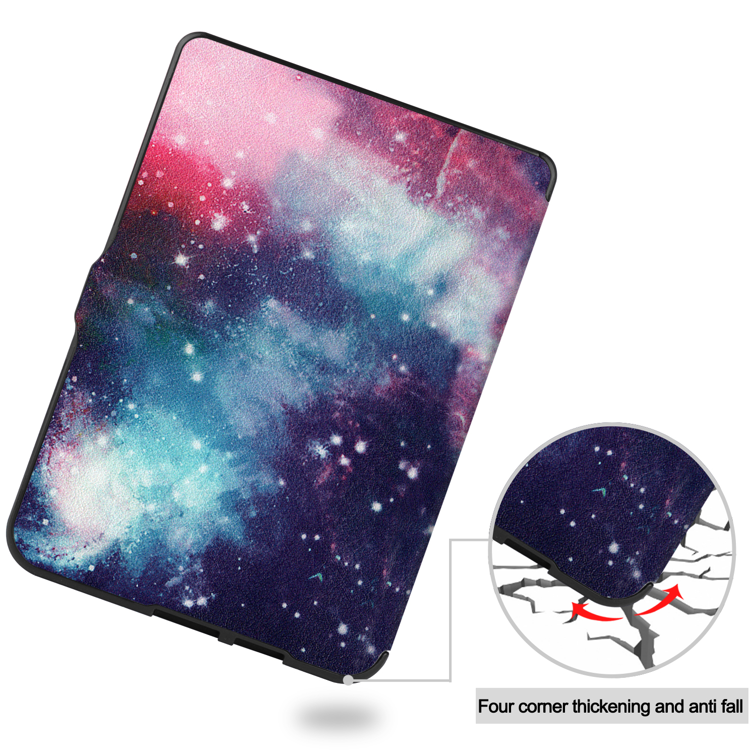 Tablet-Hülle mit Galaxie-Design, zeigt die Rückseite und eine Nahaufnahme der Ecke, mit Schadensschutz.