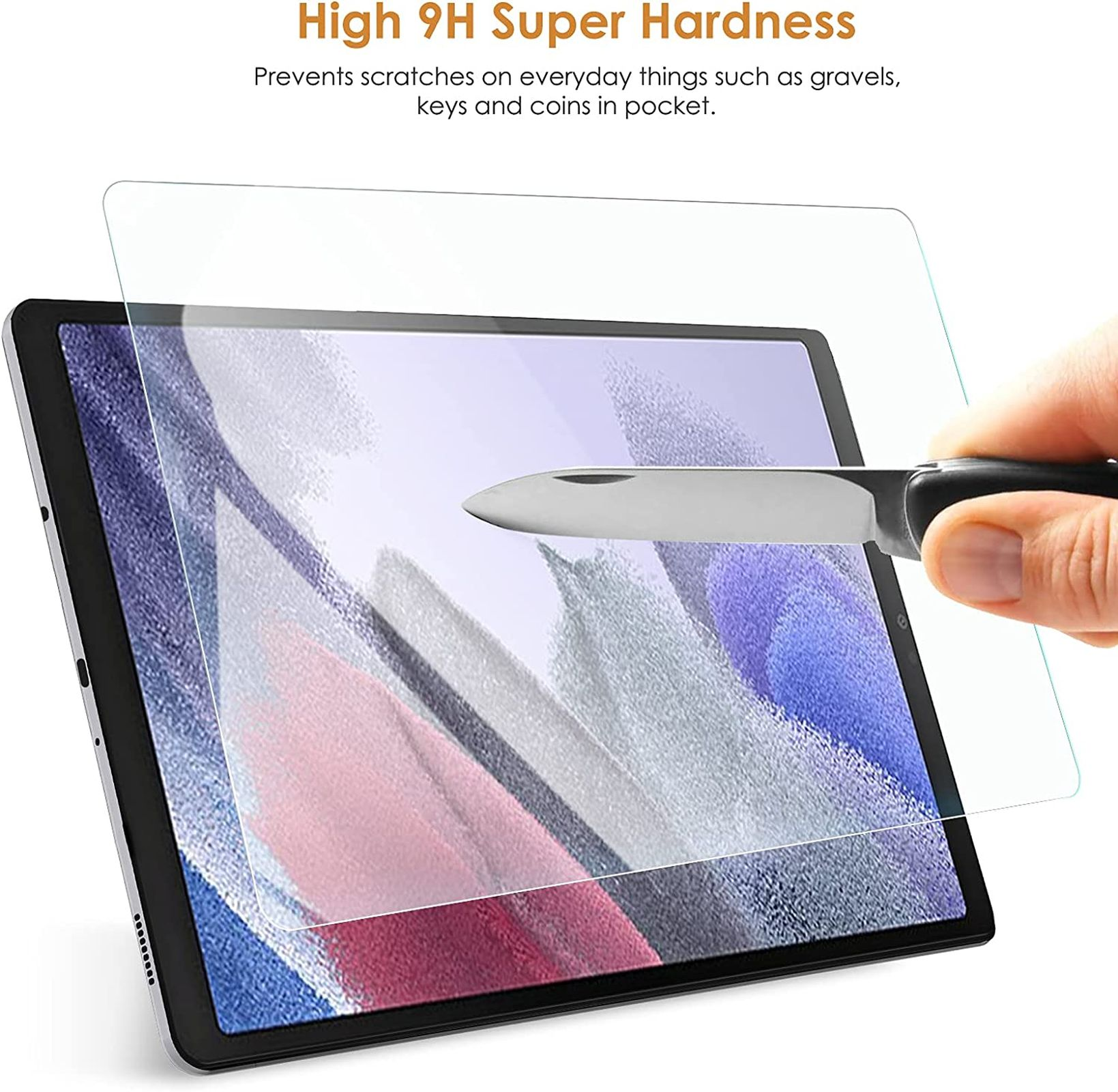 Tablet mit Displayschutz und Messer. Der Schutz befindet sich auf dem Tablet und zeigt den Rand.