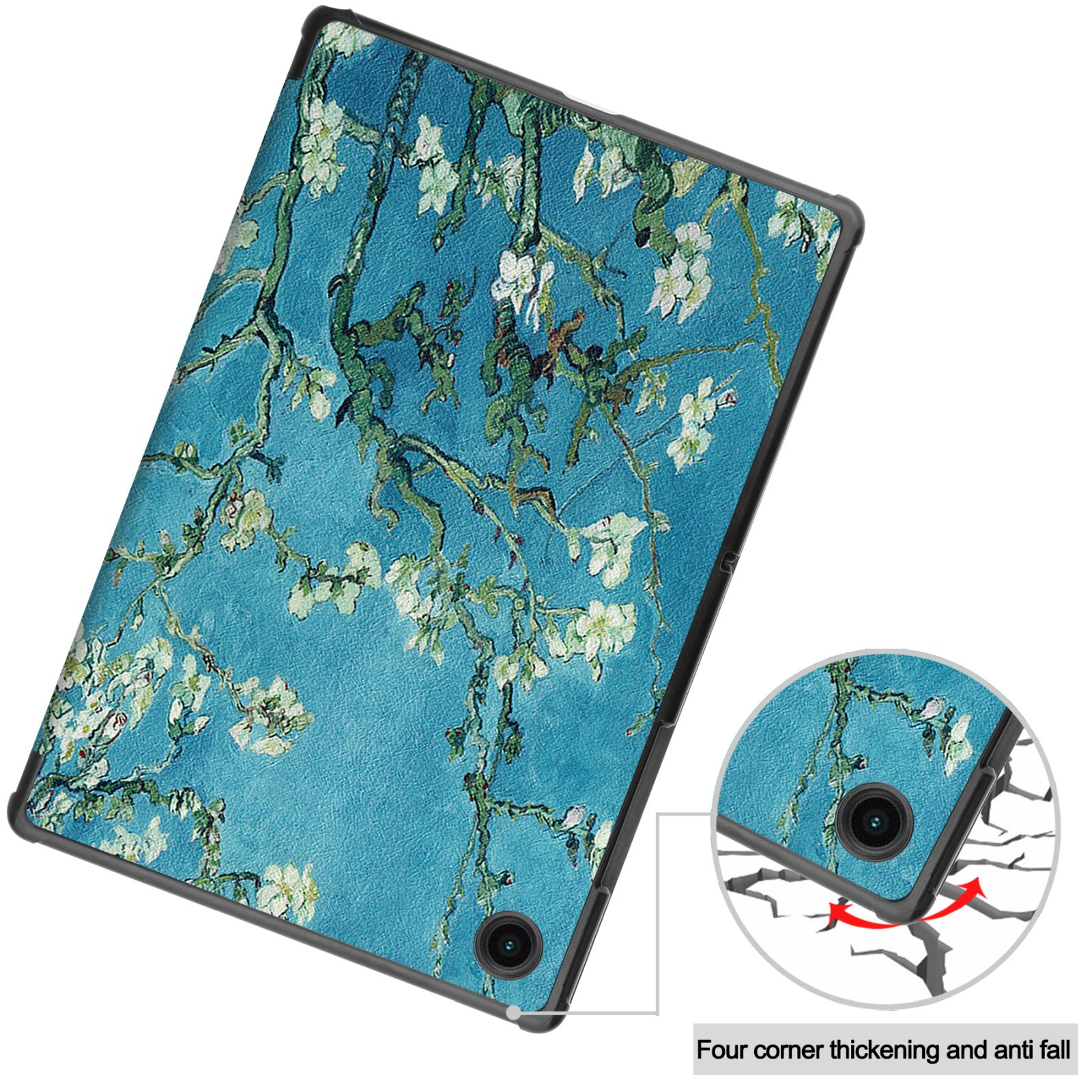 Tablethülle mit blauem Blumendesign, Nahaufnahme zeigt Eckenschutz.