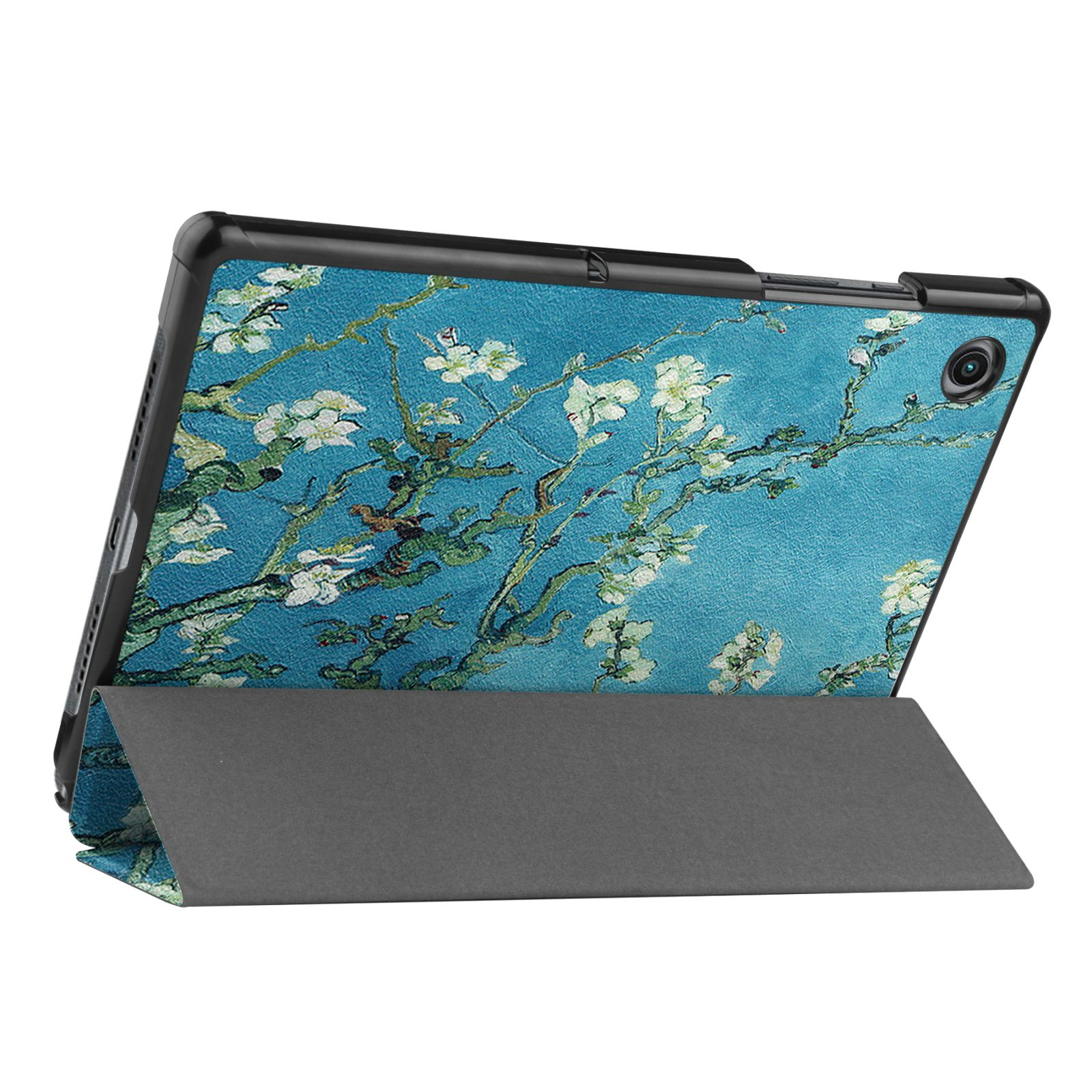 Tablet in Hülle mit Blumendesign und grauem Ständer, geöffnet.