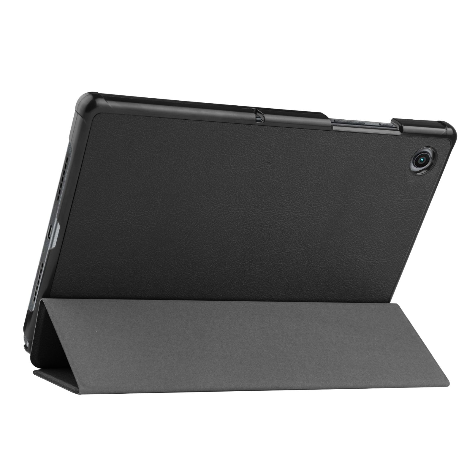 Schwarzes Tablet in einer Hülle, teilweise geöffnet, zeigt die Rückseite des Geräts.