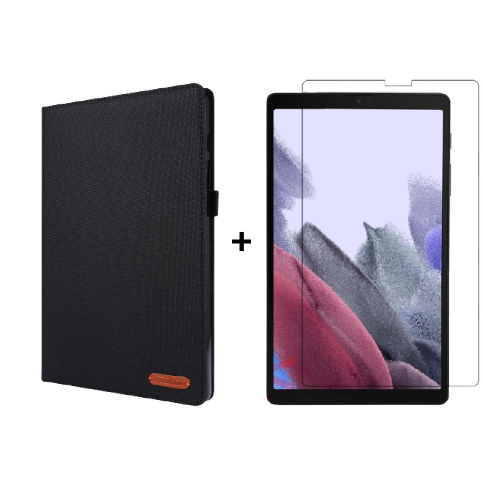Schwarze Tablethülle und ein Tablet mit Displayschutz. Hülle geschlossen, Tablet sichtbar.