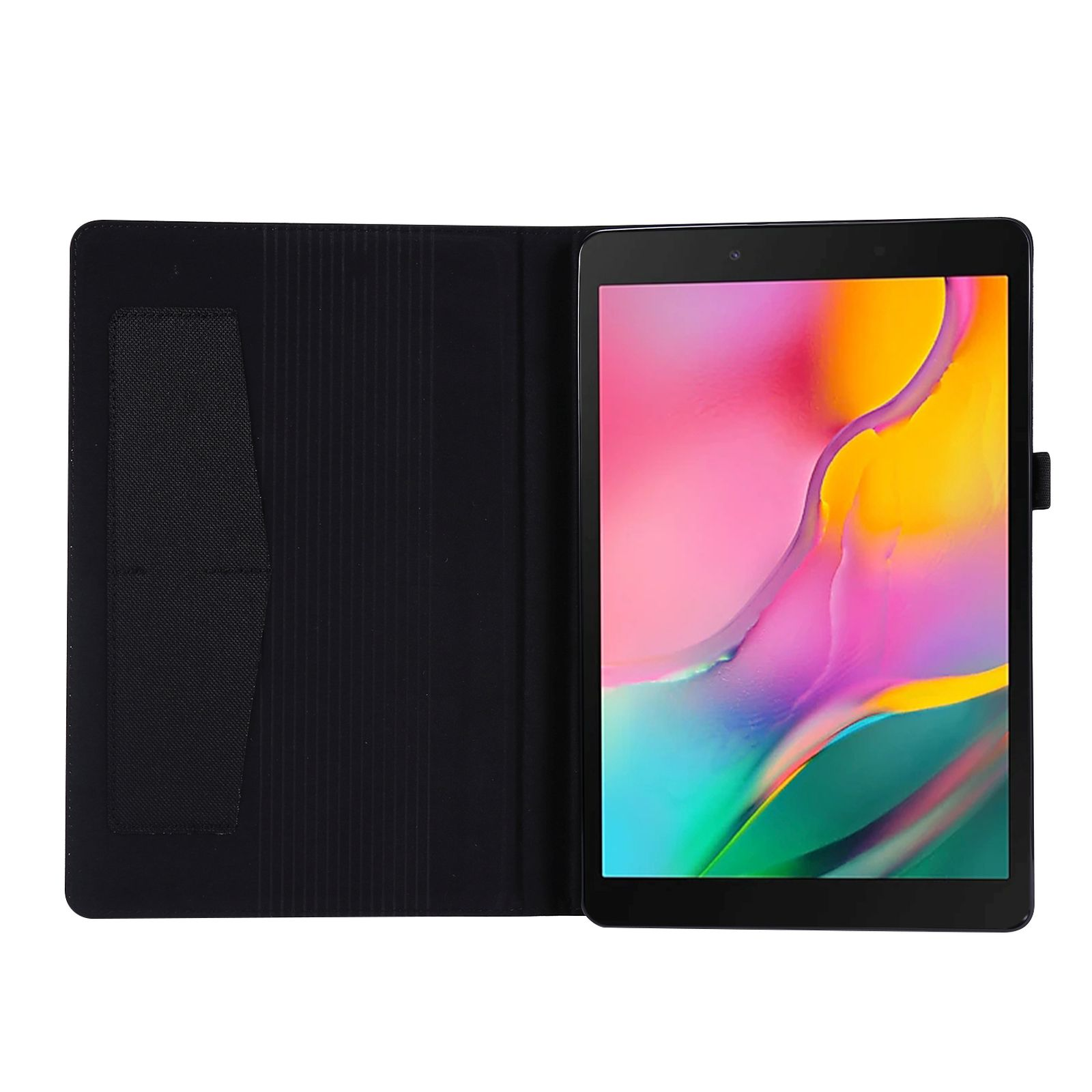 Tablet in offener schwarzer Hülle. Das Tablet zeigt ein farbenfrohes Bild. Schwarze Hülle, weißer Hintergrund.