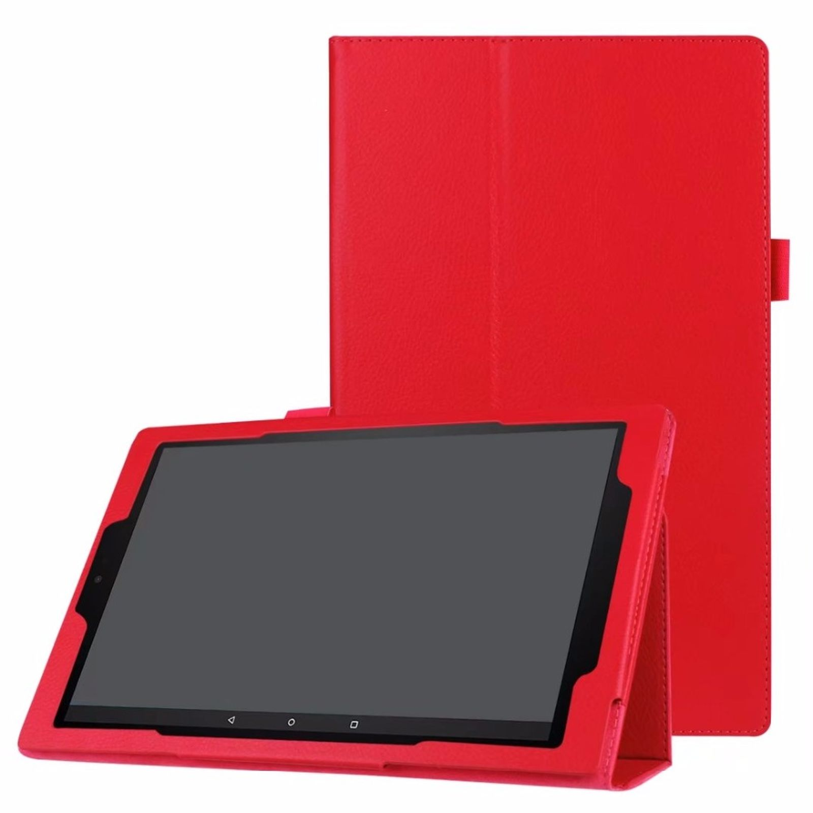 Rotes Tablet in einer roten Hülle, geöffnet und aufgestellt. Schwarzer Bildschirm. Weißer Hintergrund.