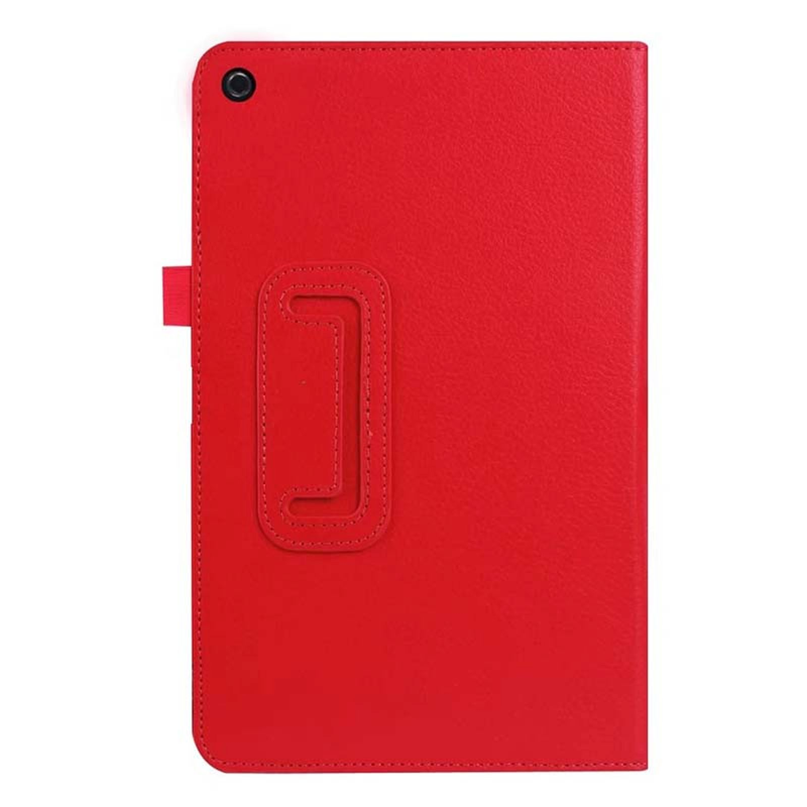 Rote Tablet-Hülle, geschlossen. Verfügt über einen Riemen und einen Ausschnitt für die Kamera.