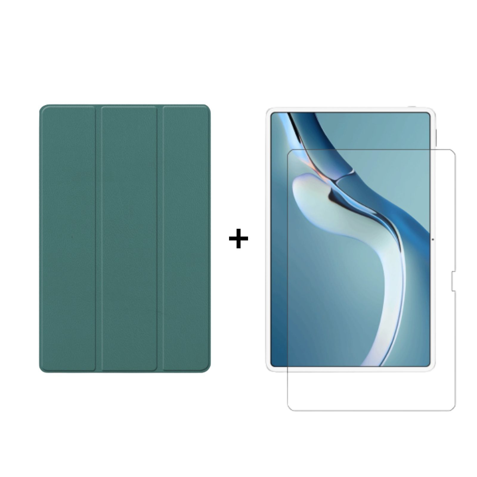 Grüne Tablethülle und ein Tablet mit Displayschutz. Das Tablet hat einen teal Hintergrund.
