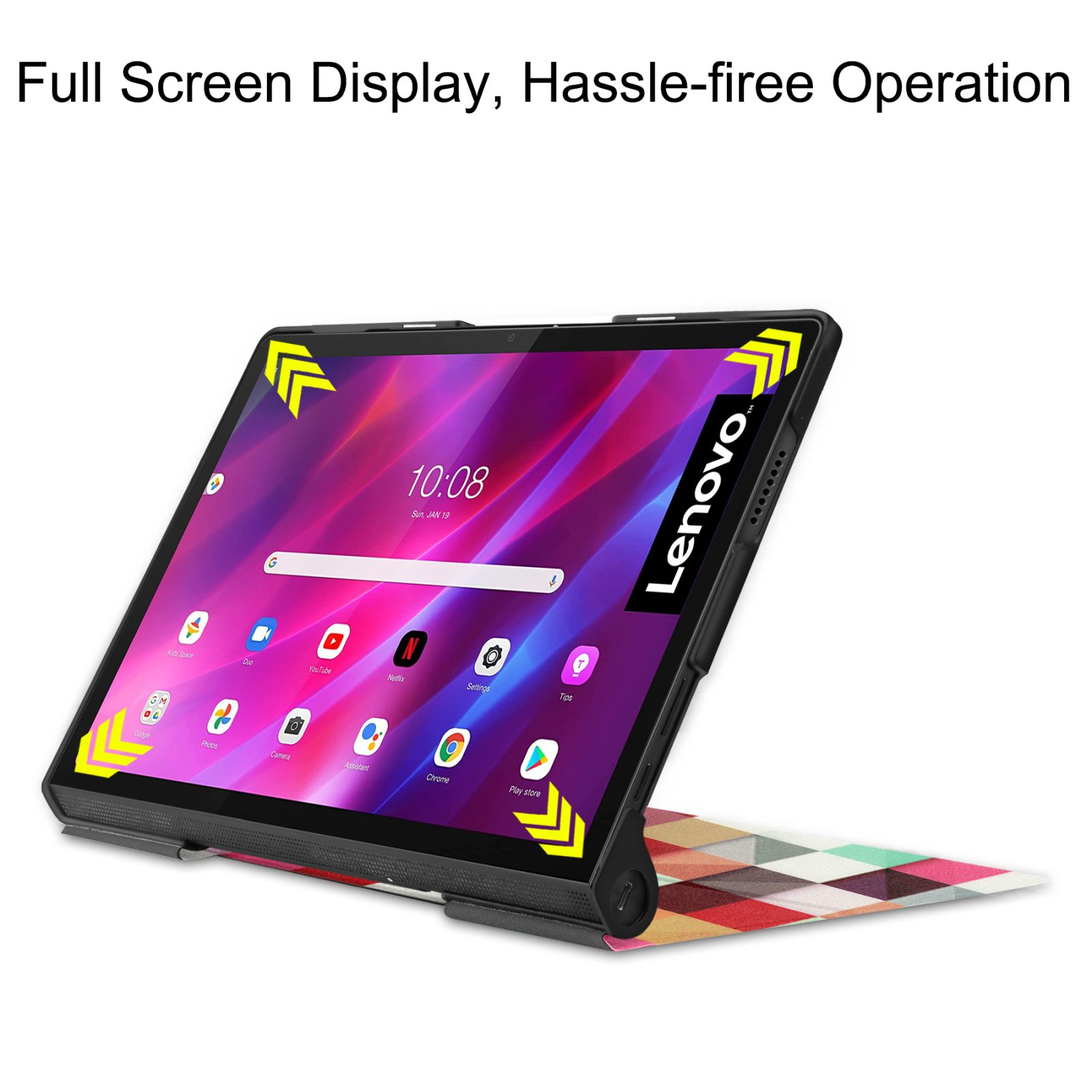 Tablet mit bunter Hülle, App-Symbole werden angezeigt. Die Hülle steht im Ständer, der Bildschirm ist gut sichtbar.
