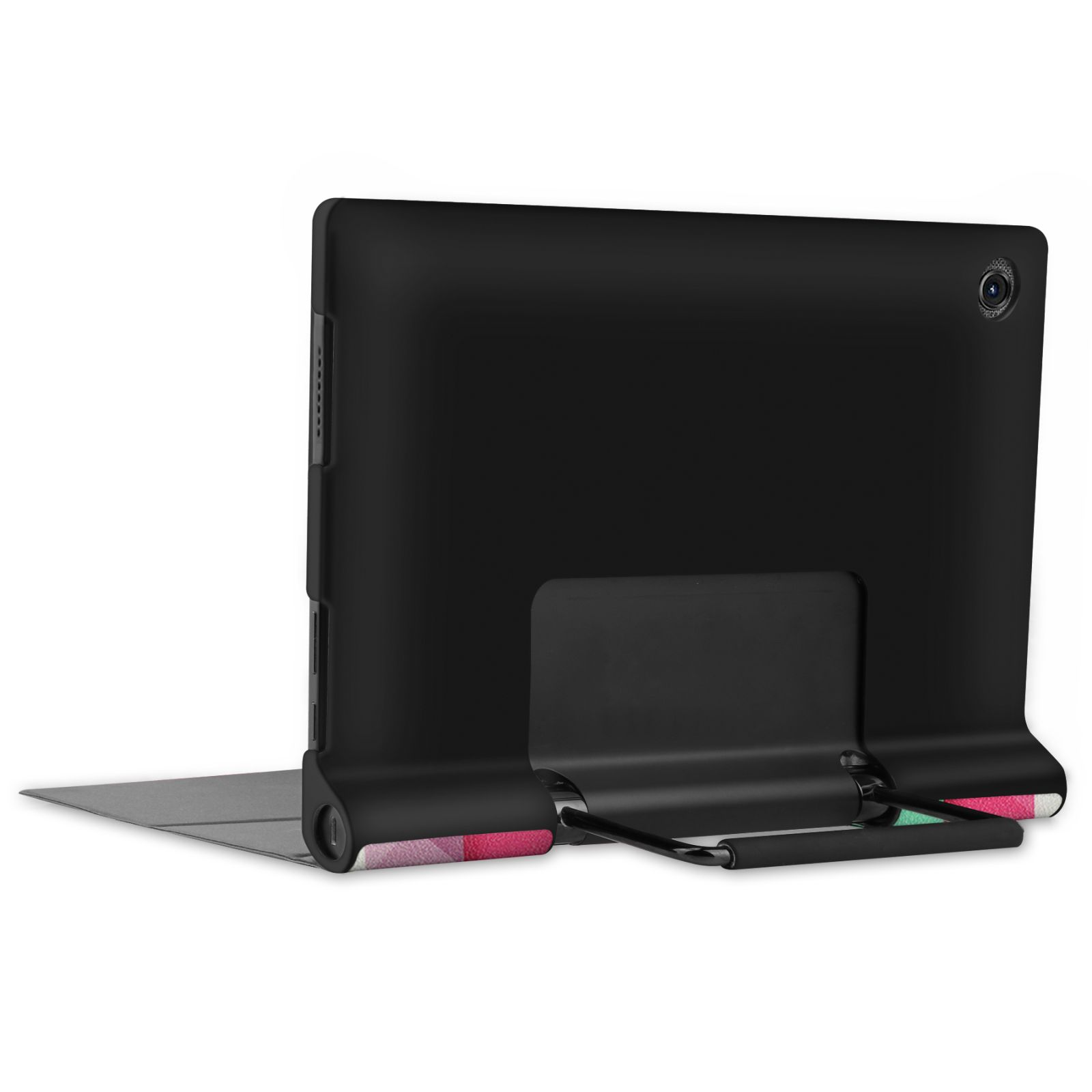 Tablet mit Ständer. Schwarzes Tablet, schwarzer Ständer. Hülle öffnet sich mit pinkem Design.