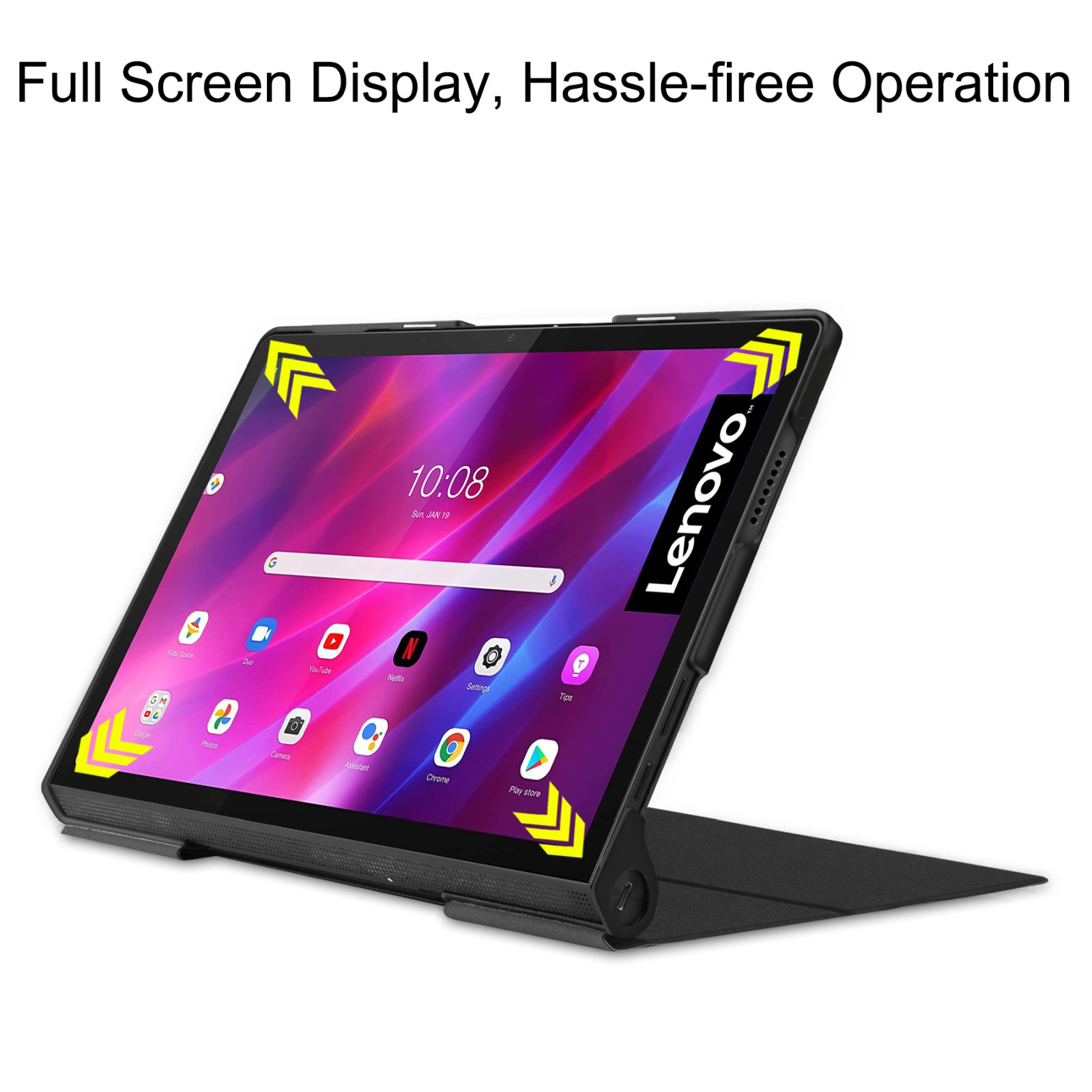 Ein schwarzes Lenovo-Tablet mit einem Bildschirm, der eine App-Oberfläche zeigt. Es wird von einem Ständer gehalten.