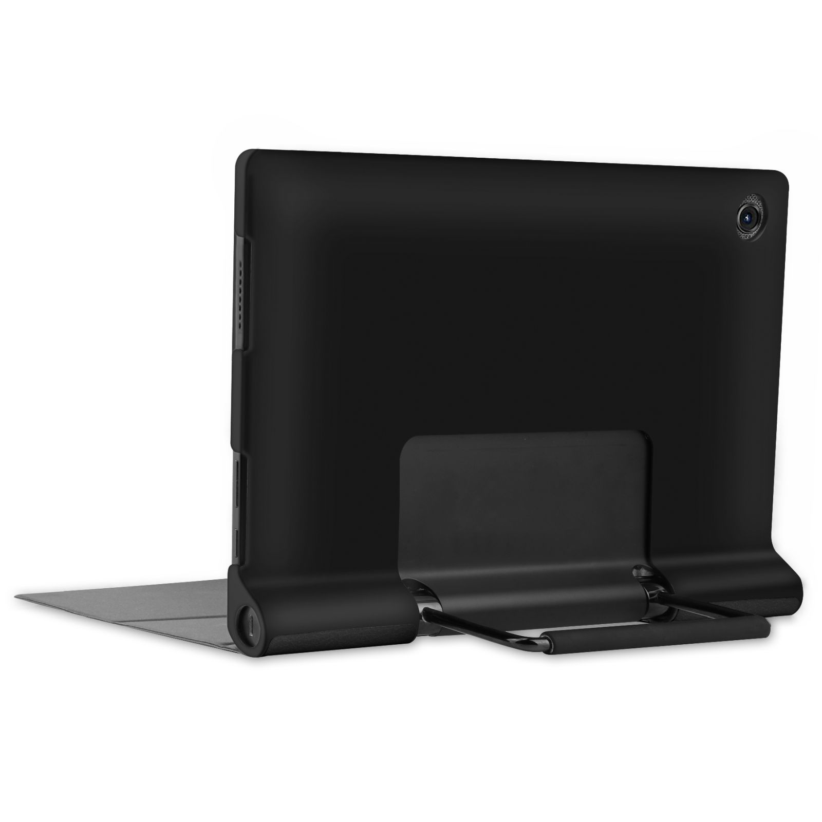 Schwarzes Tablet mit Ständer, Rückansicht mit Kamera.