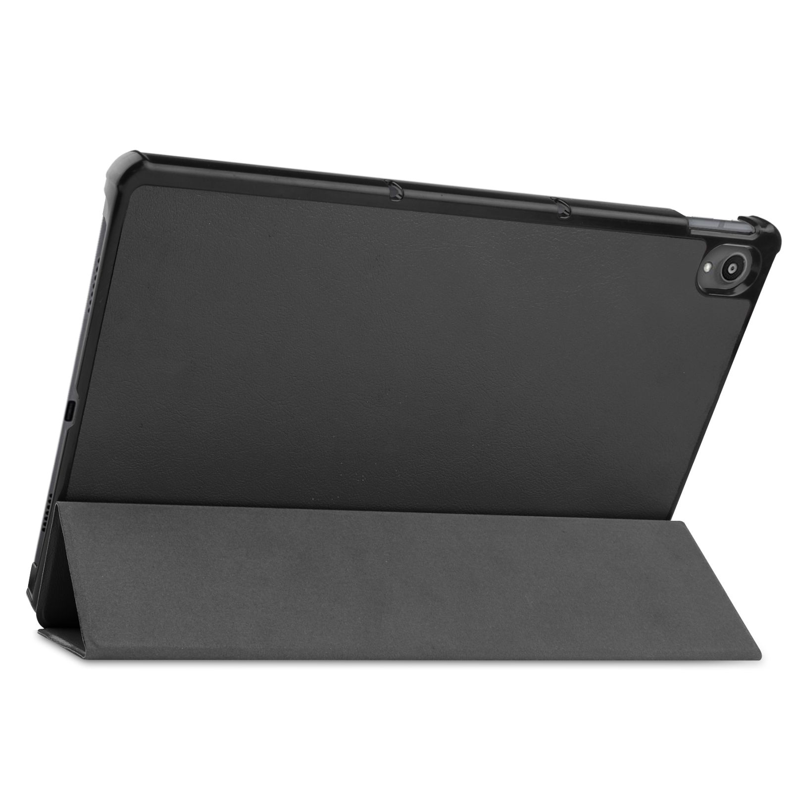 Schwarzes Tablet in schwarzer Hülle, aufgestellt. Weißer Hintergrund.