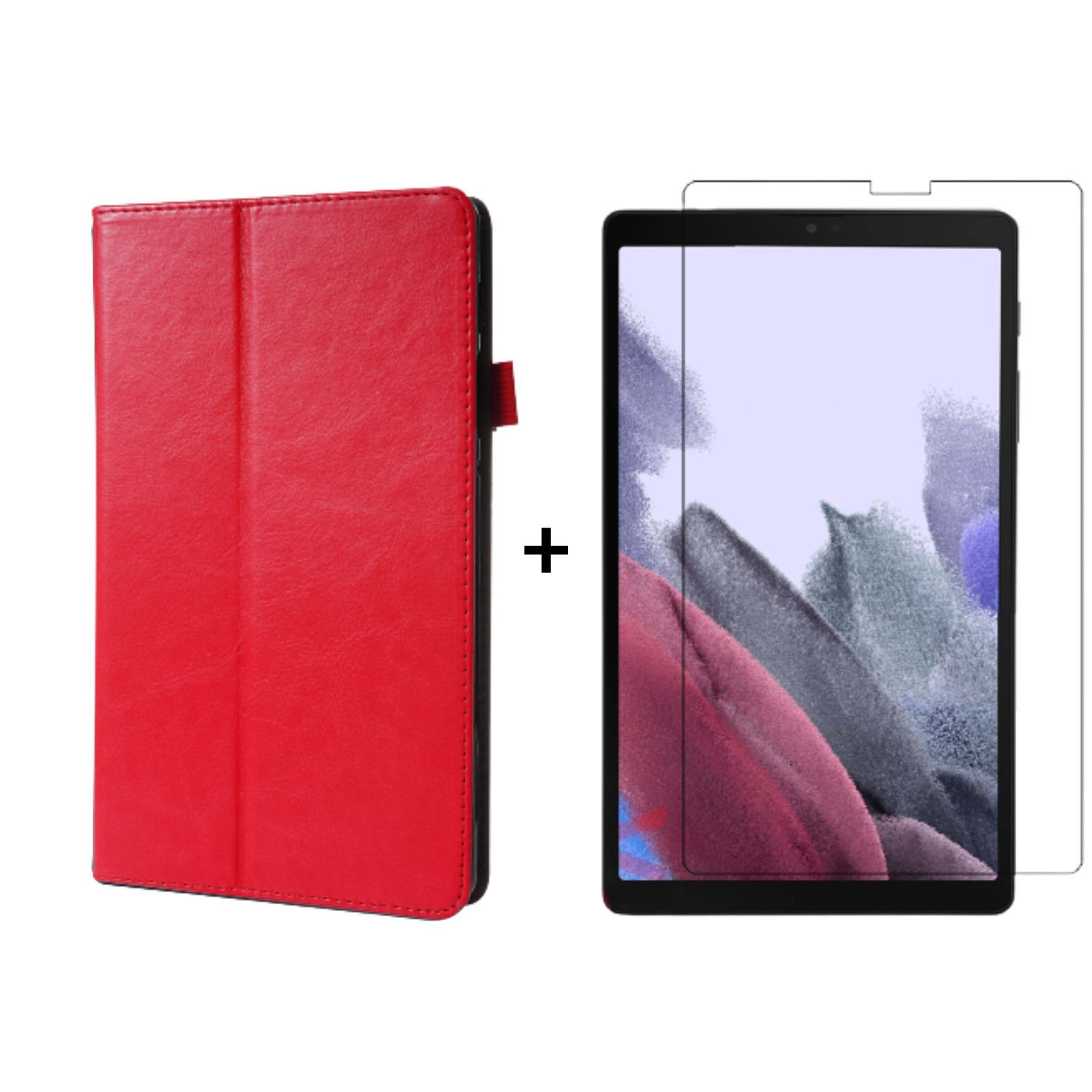 Tablet, rote Hülle und Displayschutz. Schwarze Ränder. Weißer Hintergrund.