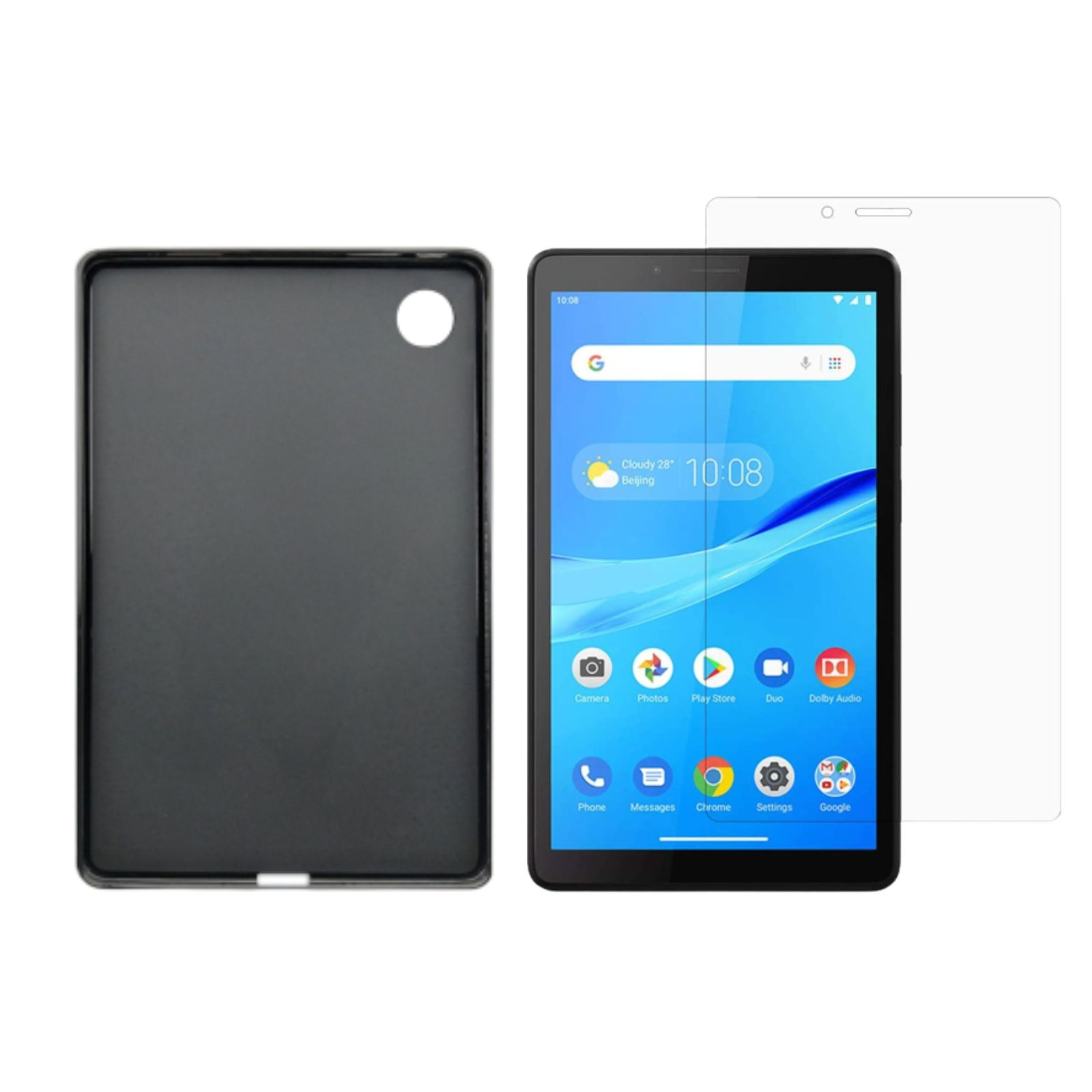 Schwarzes Tablet mit Displayschutzfolie. Der Bildschirm zeigt App-Symbole. Das Gehäuse ist schwarz.