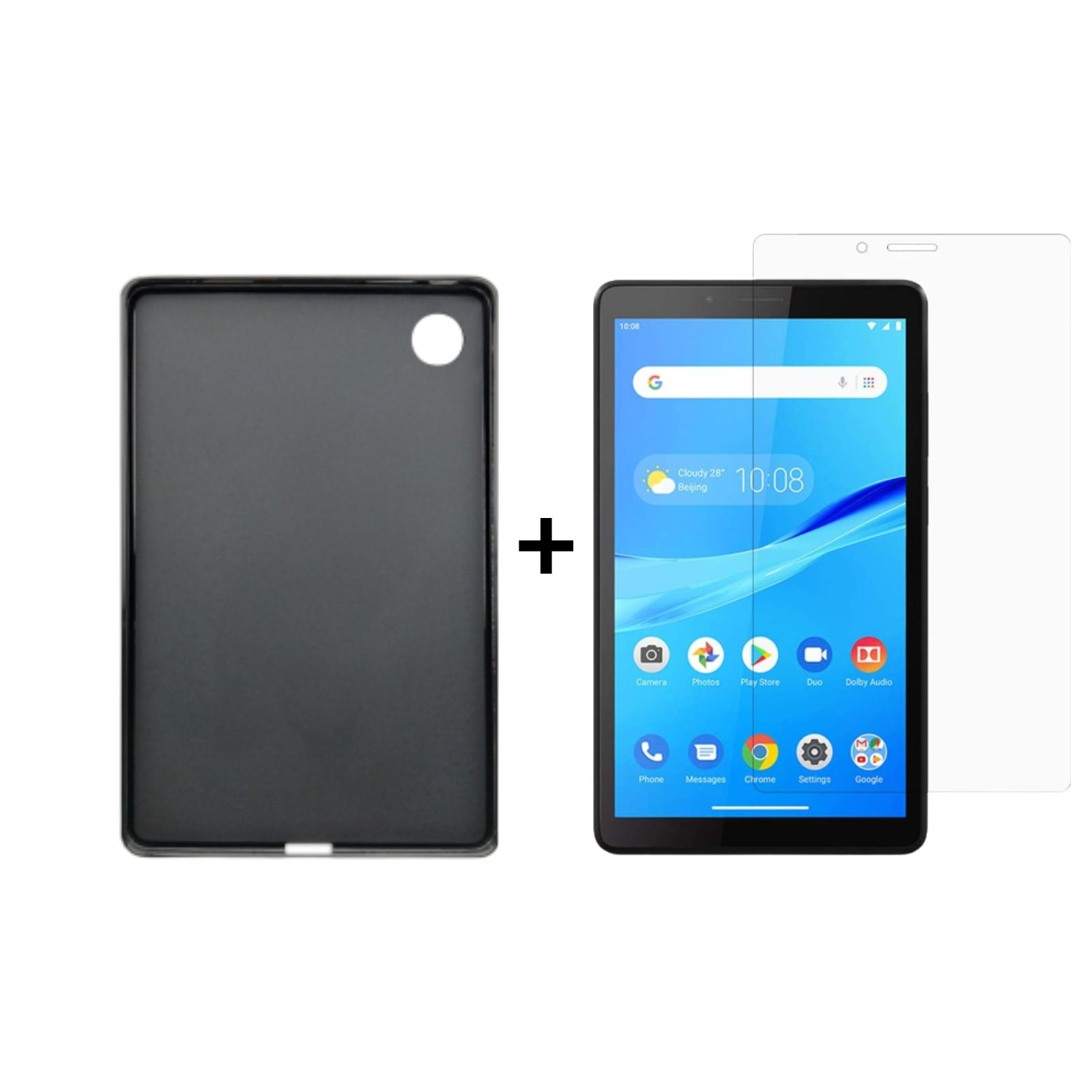 Tablet-, Hüllen- und Displayschutzset. Schwarzes Tablet mit schwarzer Hülle und klarer Schutzfolie.