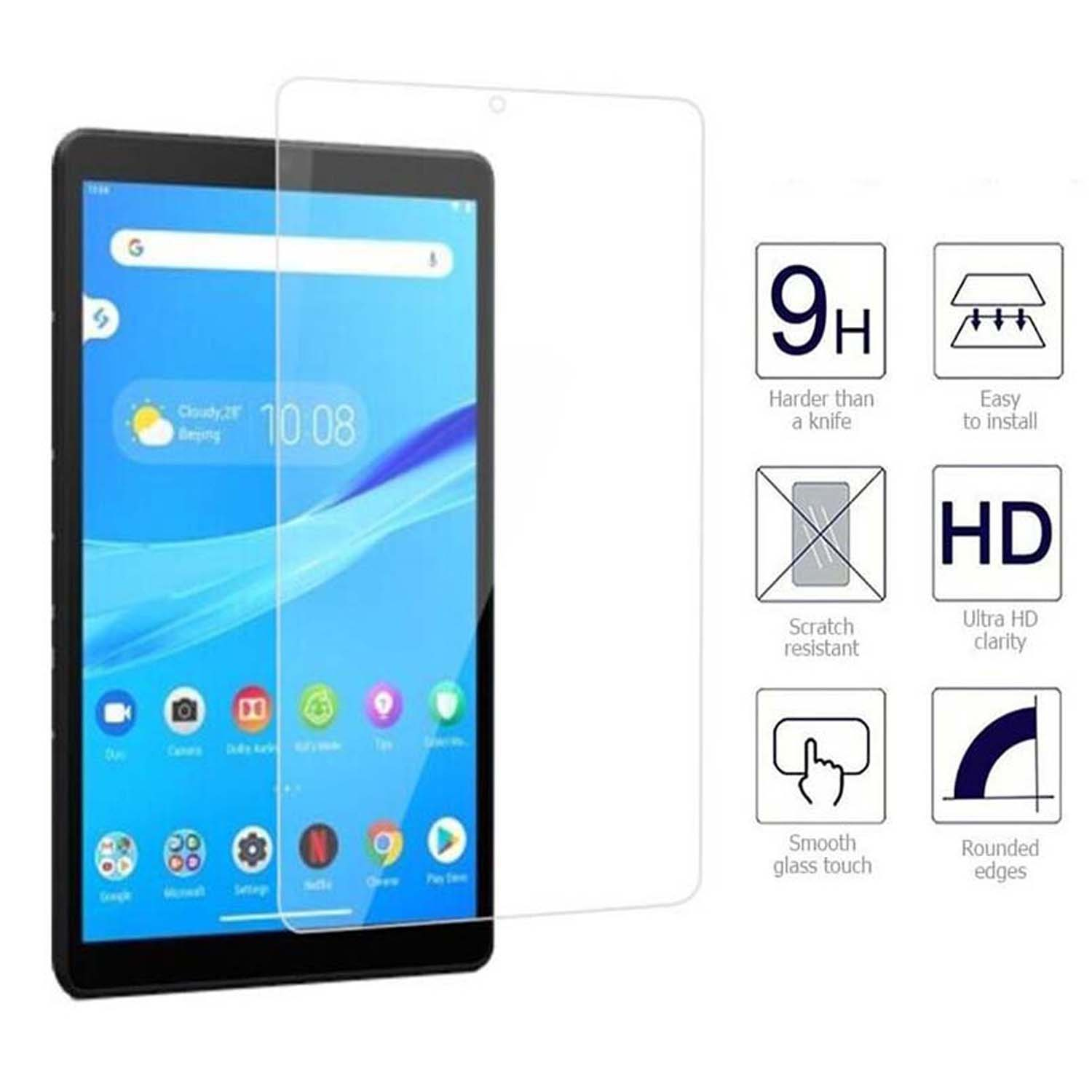 Ein Tablet auf einer Displayschutzfolie mit Symbolen und Text, neben einem Tablet.