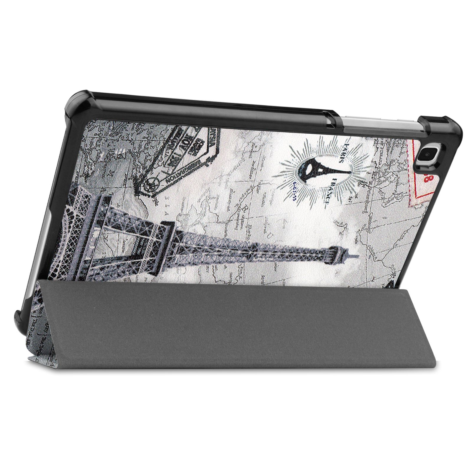 Tablet-Hülle mit Eiffelturm-Design auf einer Karte. Grauer Ständer, schwarzer Rahmen.