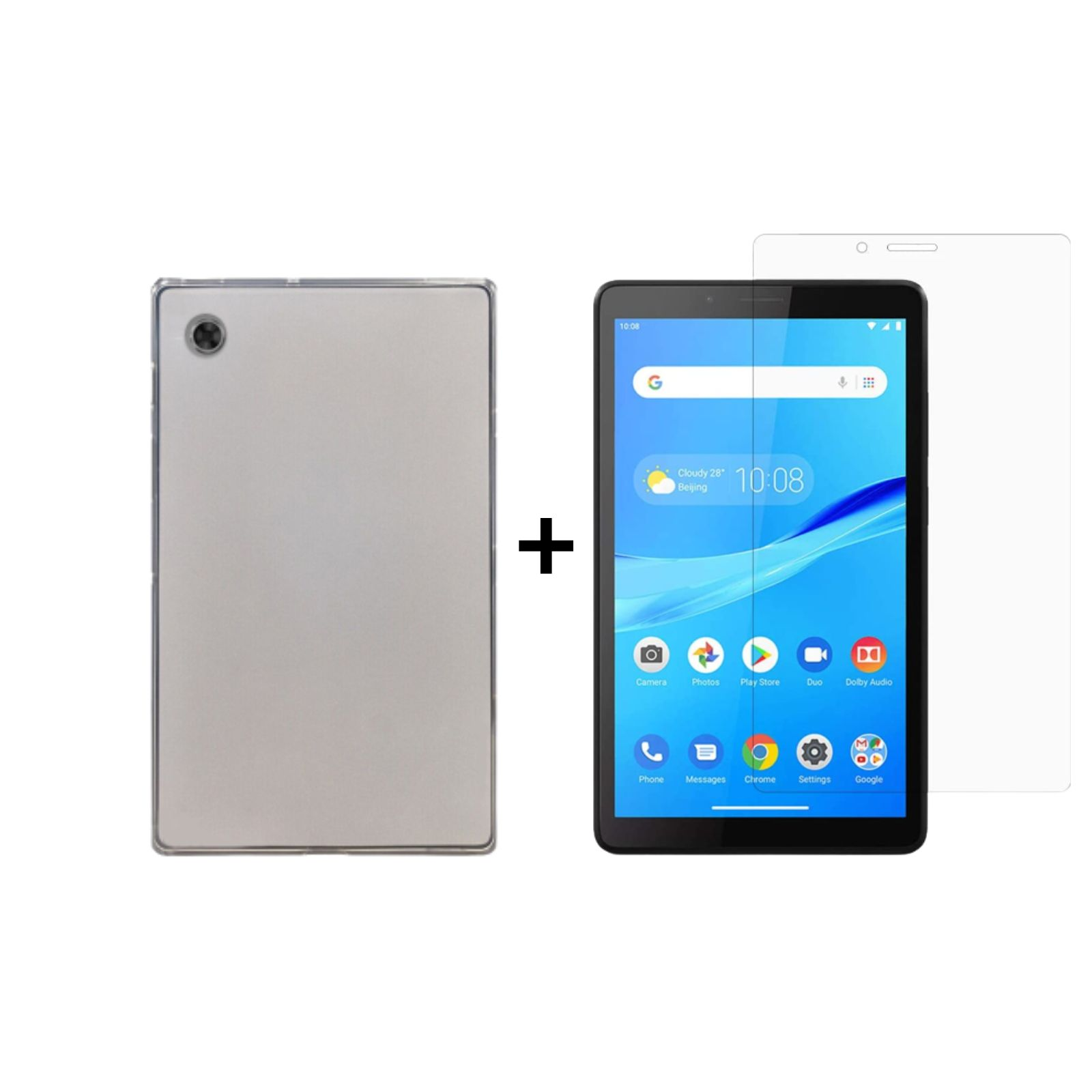Tablet, Hülle und Displayschutzfolie. Das Tablet ist schwarz. Weißer Hintergrund.